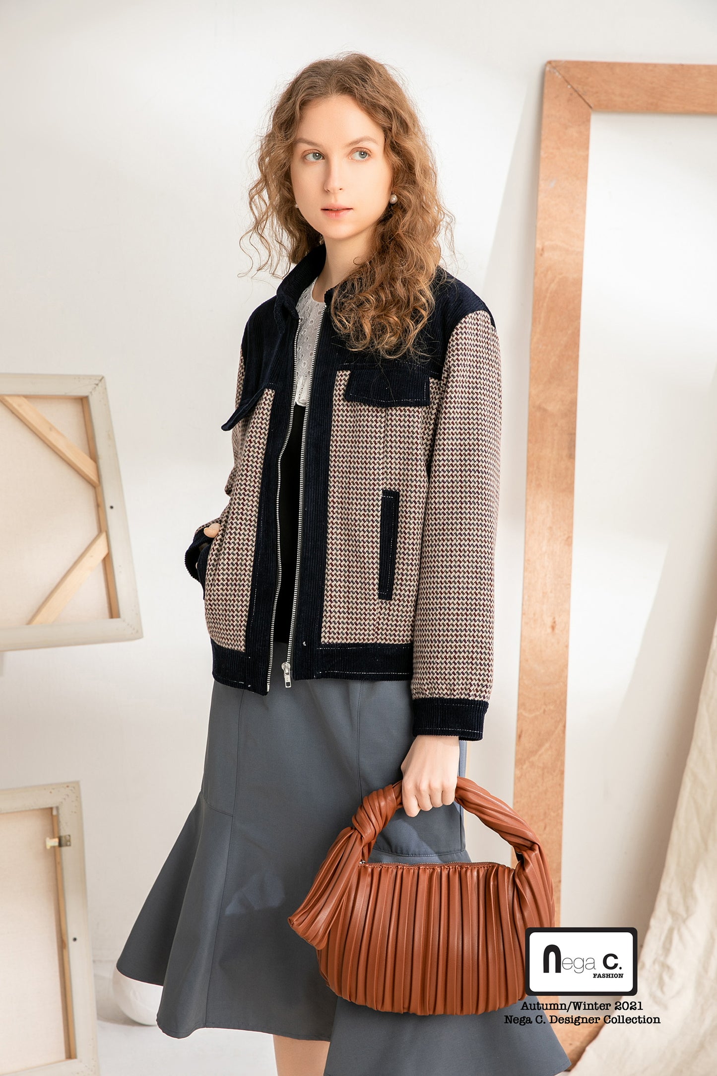 Nega C. Houndstooth เสื้อแจ็คเก็ตงานปะสไตล์วินเทจ | สีน้ำเงินเข้ม | มีซับใน