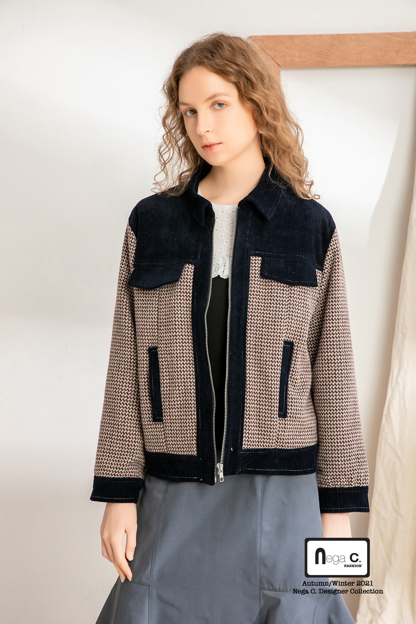Nega C. Houndstooth เสื้อแจ็คเก็ตงานปะสไตล์วินเทจ | สีน้ำเงินเข้ม | มีซับใน
