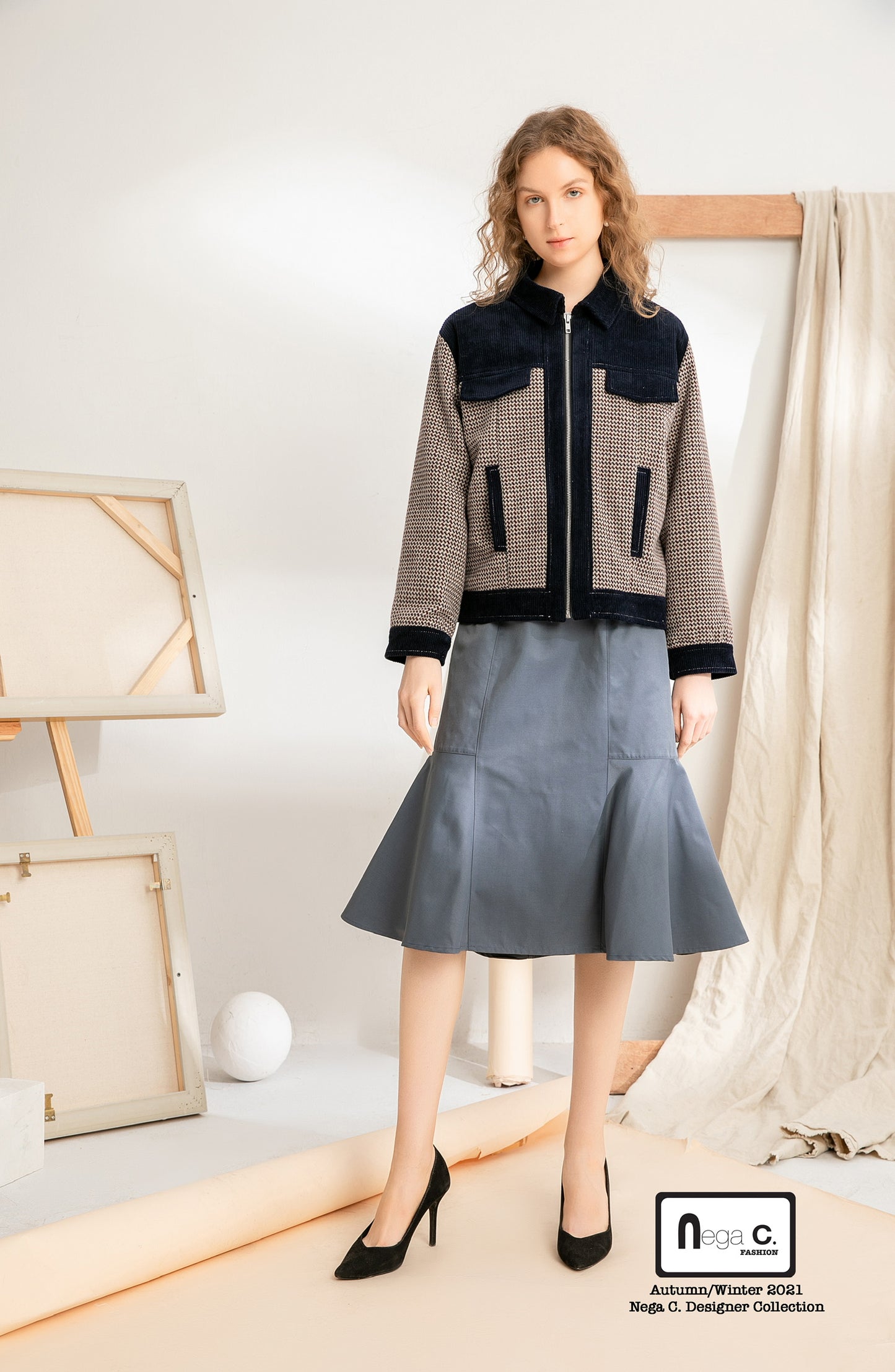 Nega C. Houndstooth เสื้อแจ็คเก็ตงานปะสไตล์วินเทจ | สีน้ำเงินเข้ม | มีซับใน