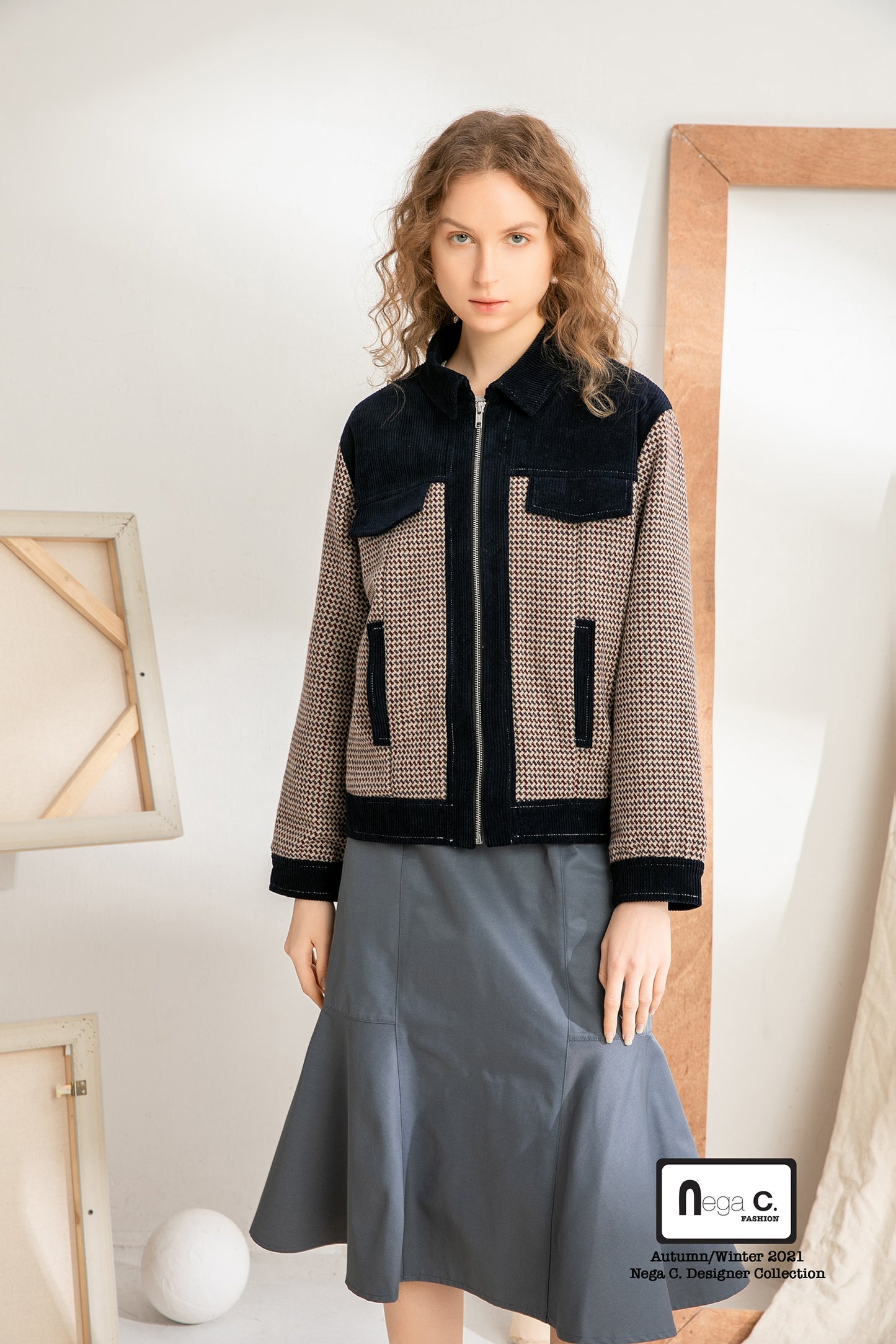 Nega C. Houndstooth เสื้อแจ็คเก็ตงานปะสไตล์วินเทจ | สีน้ำเงินเข้ม | มีซับใน
