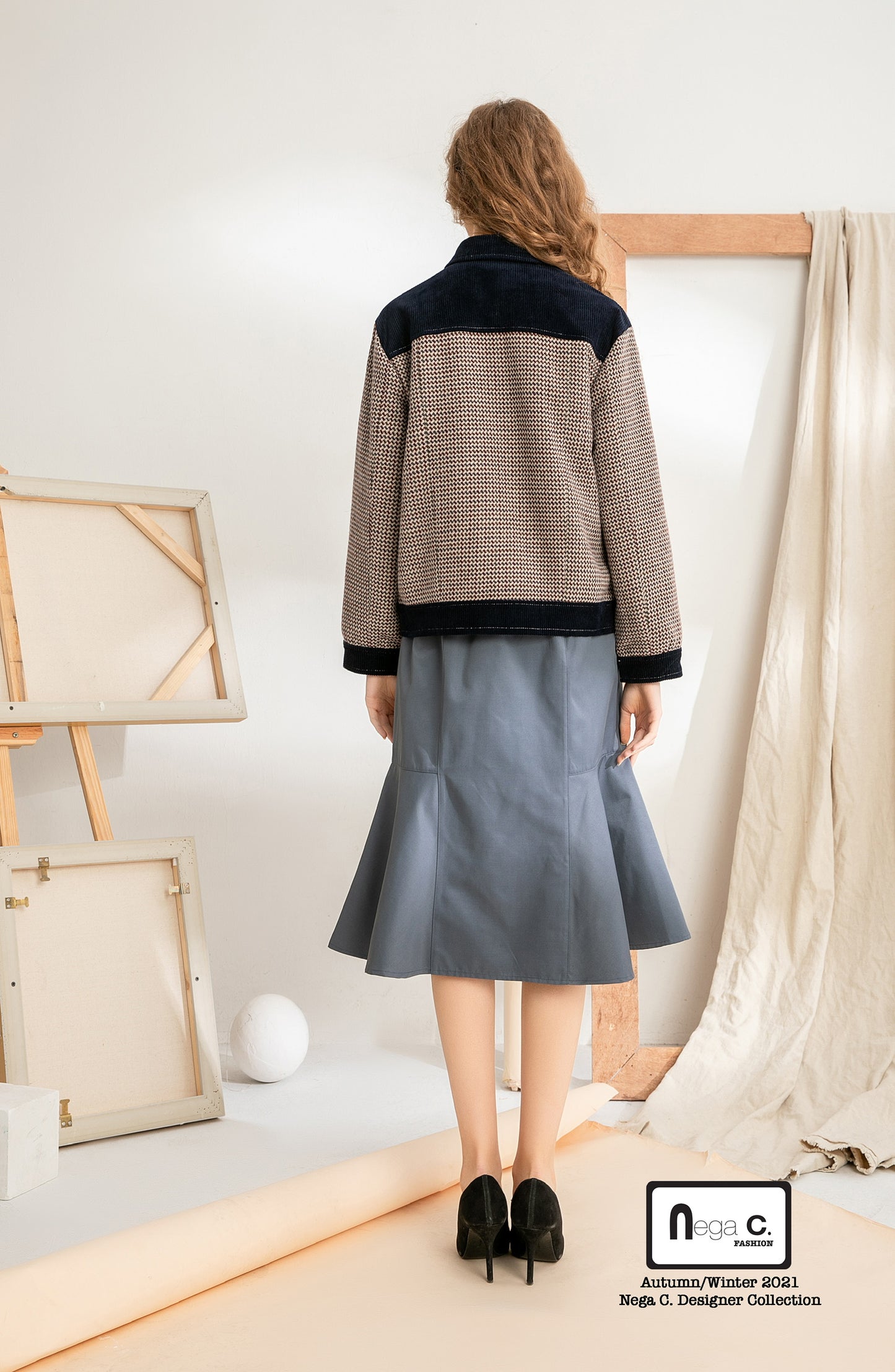 Nega C. Houndstooth เสื้อแจ็คเก็ตงานปะสไตล์วินเทจ | สีน้ำเงินเข้ม | มีซับใน