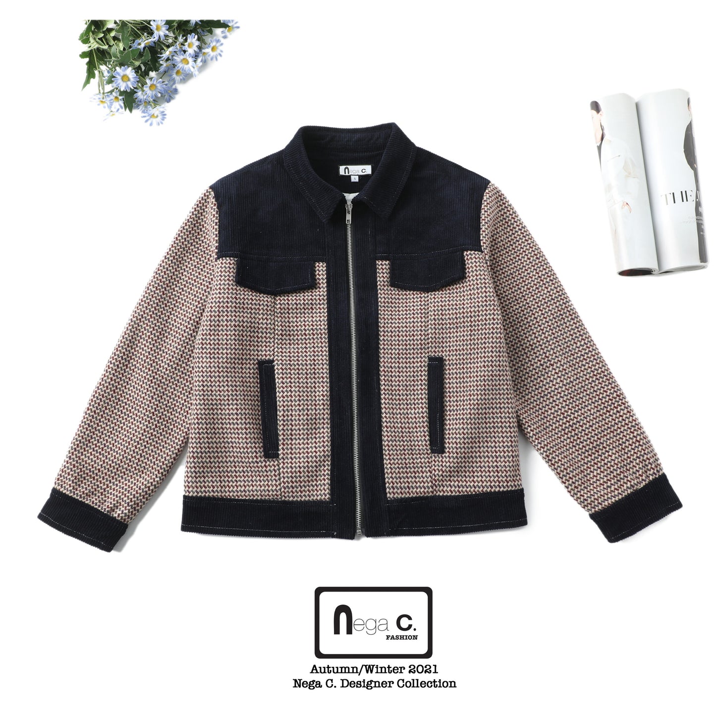 Nega C. Houndstooth เสื้อแจ็คเก็ตงานปะสไตล์วินเทจ | สีน้ำเงินเข้ม | มีซับใน