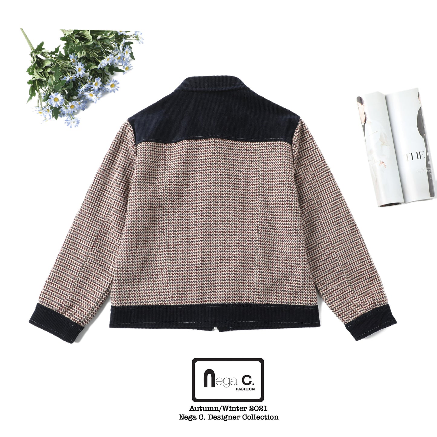 Nega C. Houndstooth เสื้อแจ็คเก็ตงานปะสไตล์วินเทจ | สีน้ำเงินเข้ม | มีซับใน