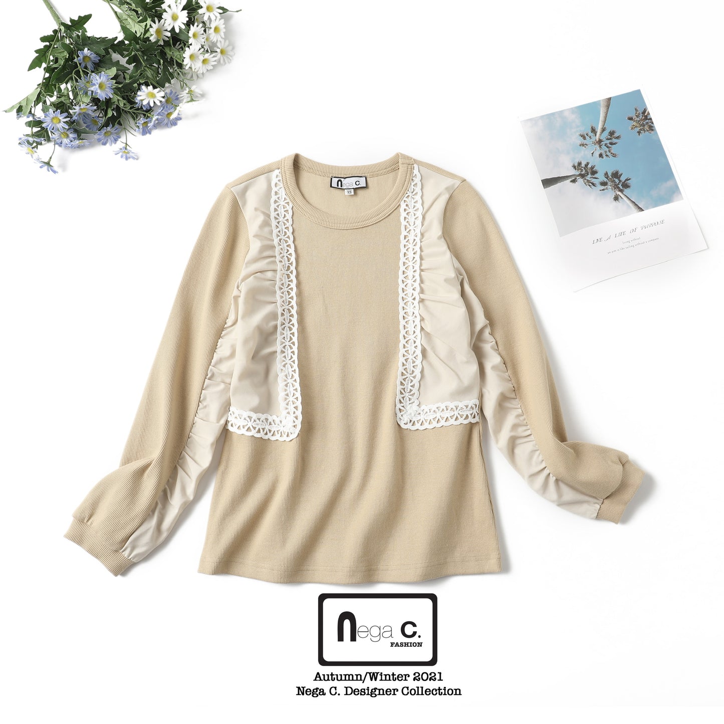 Nega C. เสื้อลูกไม้คอกลมแขนยาว | สีกากี | ยืดเล็กน้อย | ไม่มีซับใน