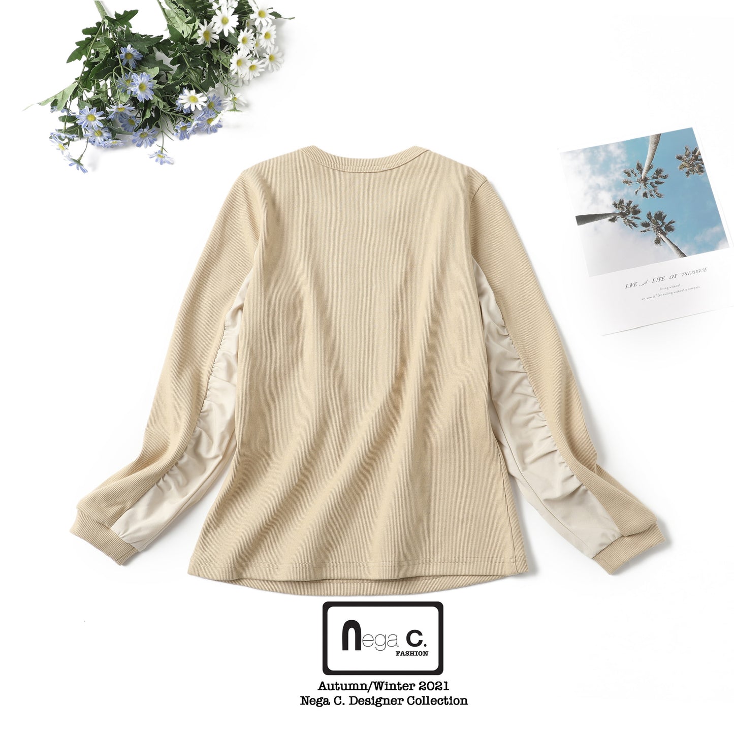 Nega C. เสื้อลูกไม้คอกลมแขนยาว | สีกากี | ยืดเล็กน้อย | ไม่มีซับใน
