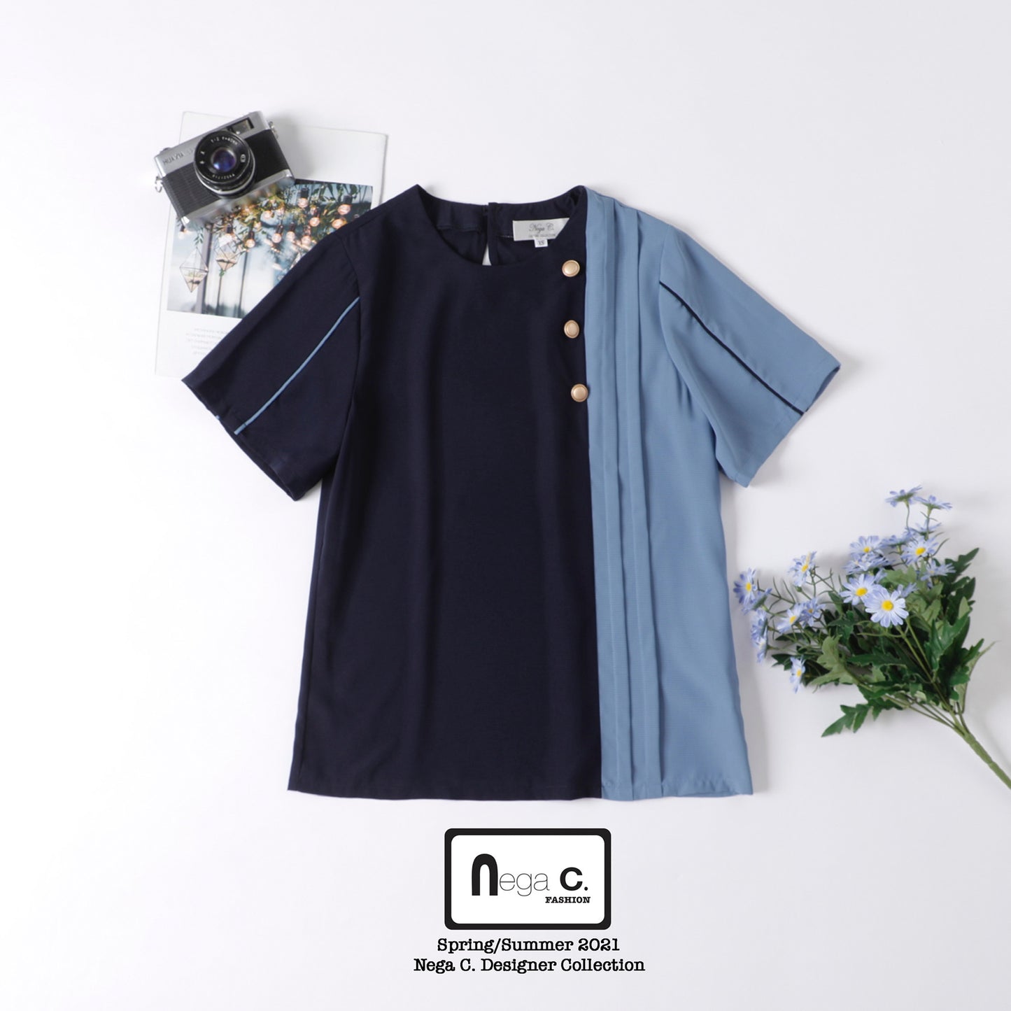 Nega C. เสื้อคอกลม Color Block Pleated |สีเหลือง|
