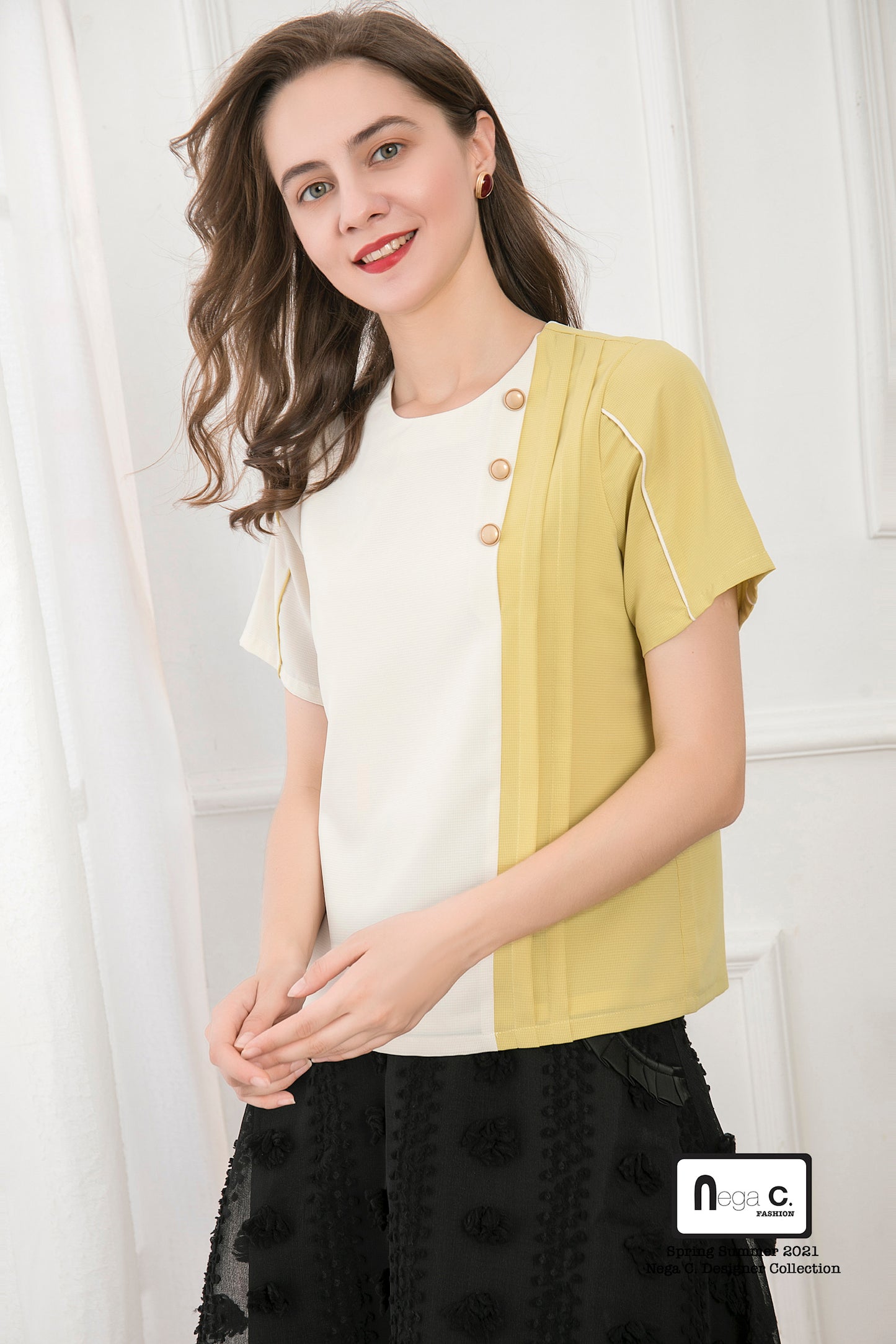 Nega C. เสื้อคอกลม Color Block Pleated |สีเหลือง|