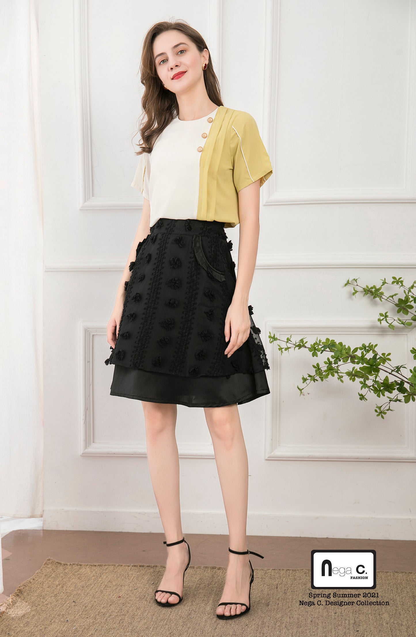 Nega C. เสื้อคอกลม Color Block Pleated |สีเหลือง|