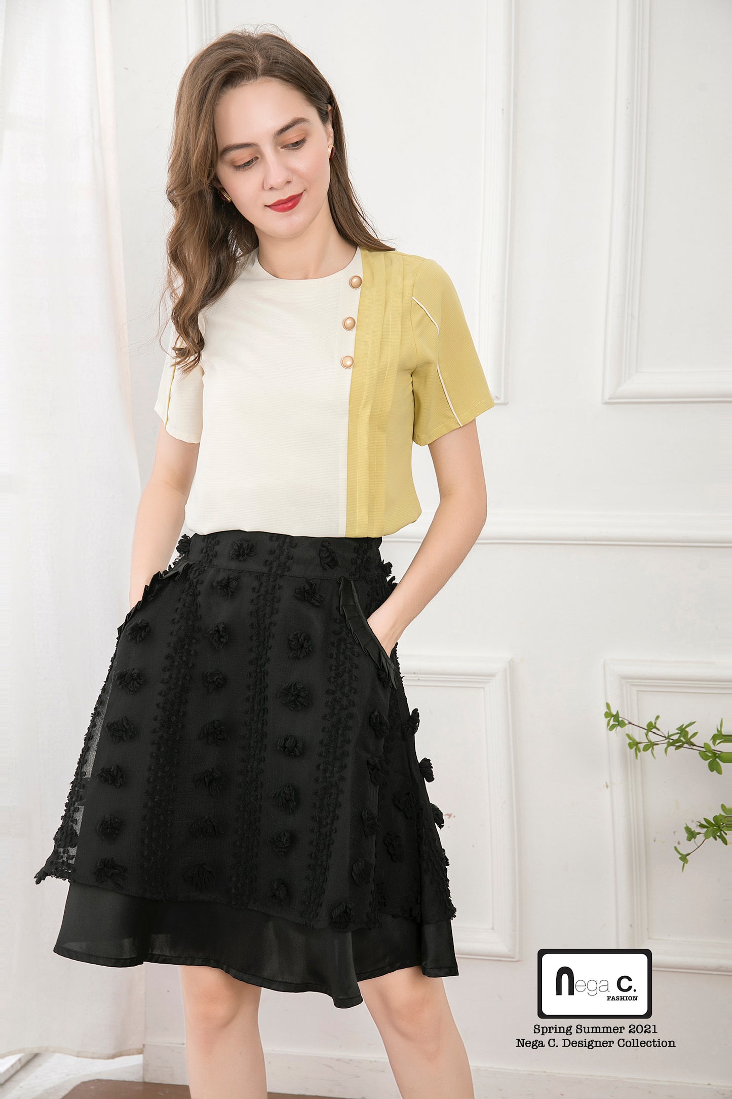 Nega C. เสื้อคอกลม Color Block Pleated |สีเหลือง|