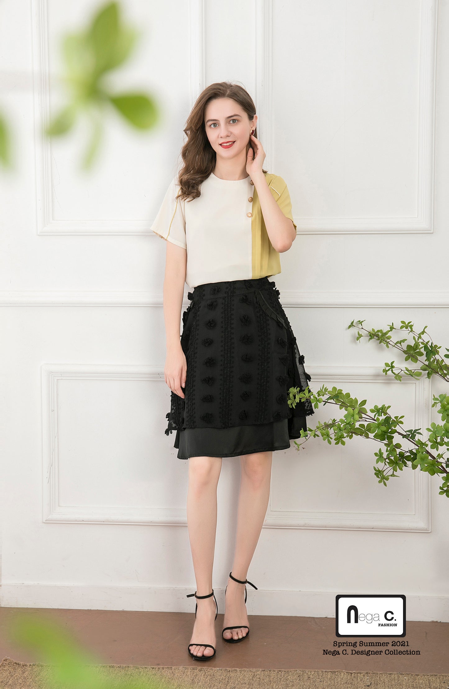 Nega C. เสื้อคอกลม Color Block Pleated |สีเหลือง|
