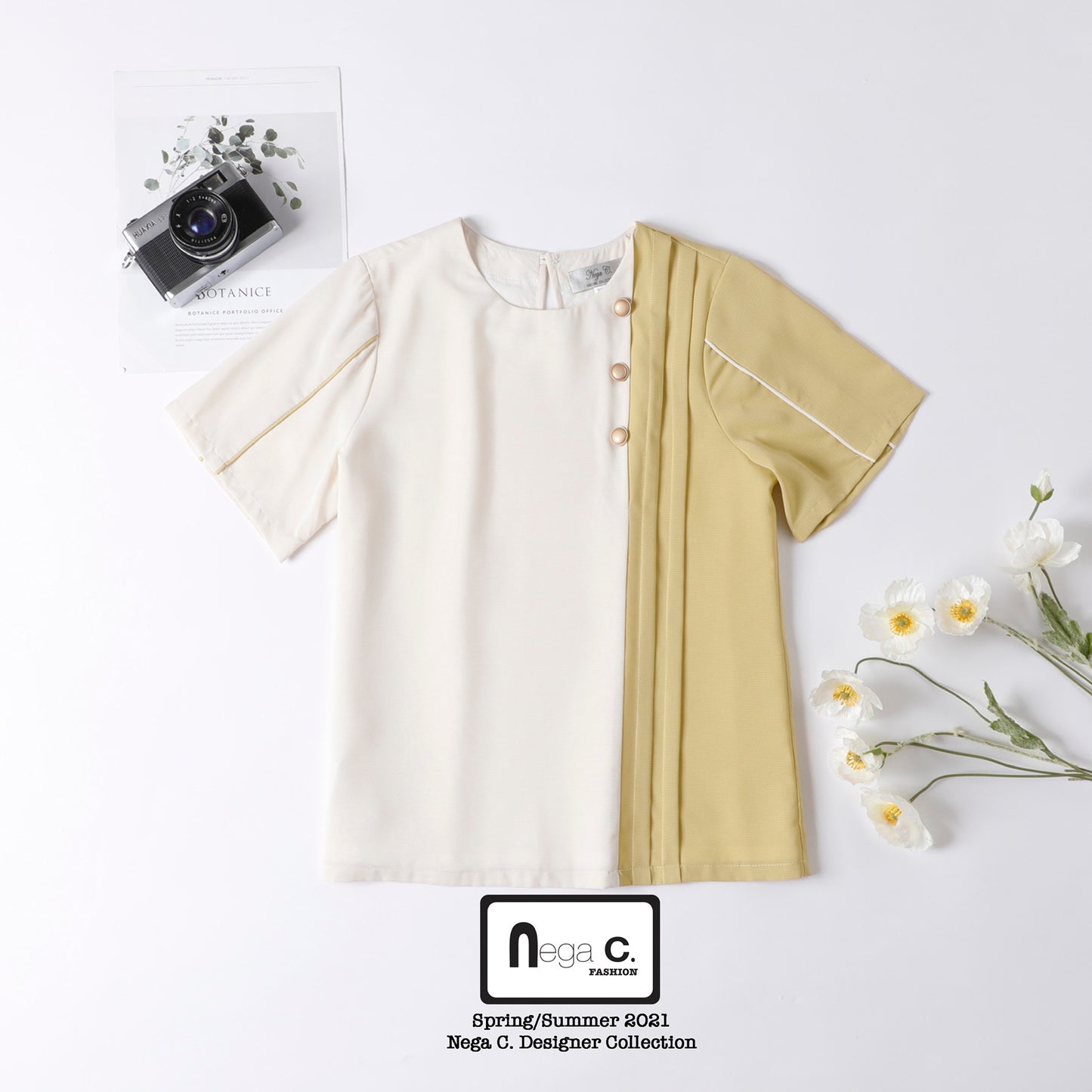 Nega C. เสื้อคอกลม Color Block Pleated |สีเหลือง|