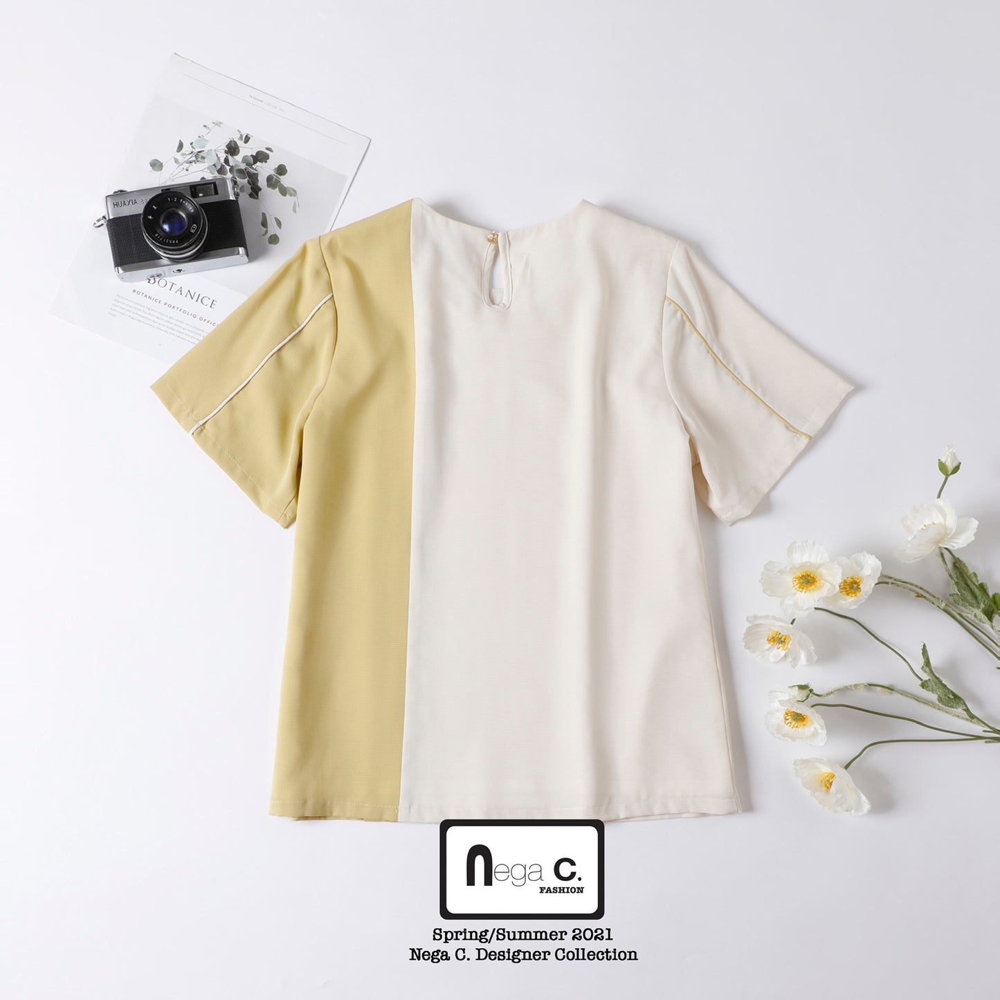 Nega C. เสื้อคอกลม Color Block Pleated |สีเหลือง|