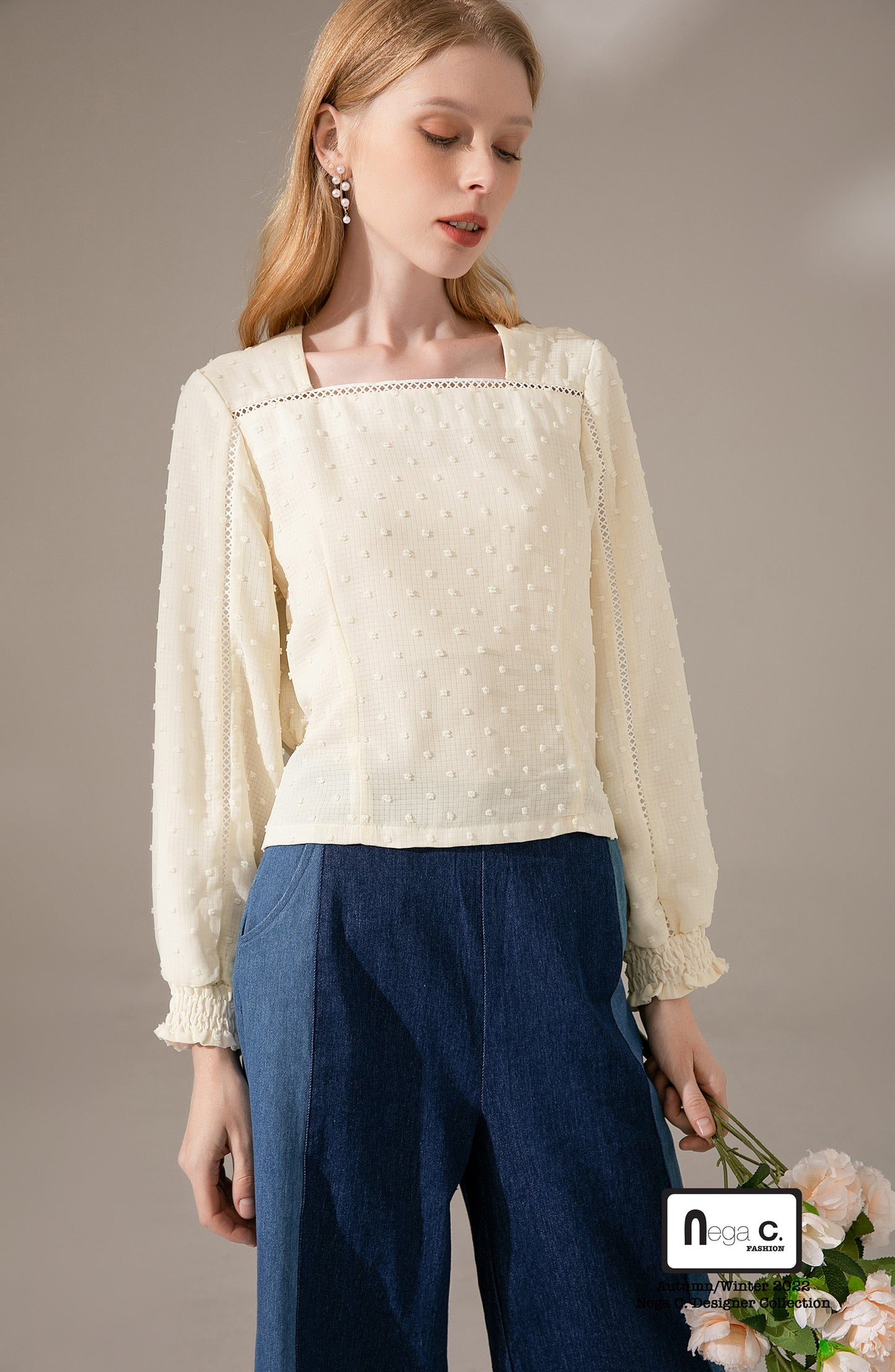 Nega C. เสื้อลูกไม้คอเหลี่ยมลายจุด|สีแอปริคอท|ผ้าไม่ยืด|มีซับใน