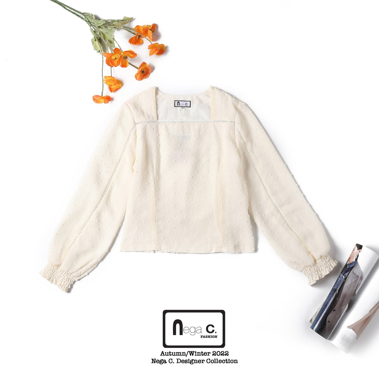 Nega C. เสื้อลูกไม้คอเหลี่ยมลายจุด|สีแอปริคอท|ผ้าไม่ยืด|มีซับใน