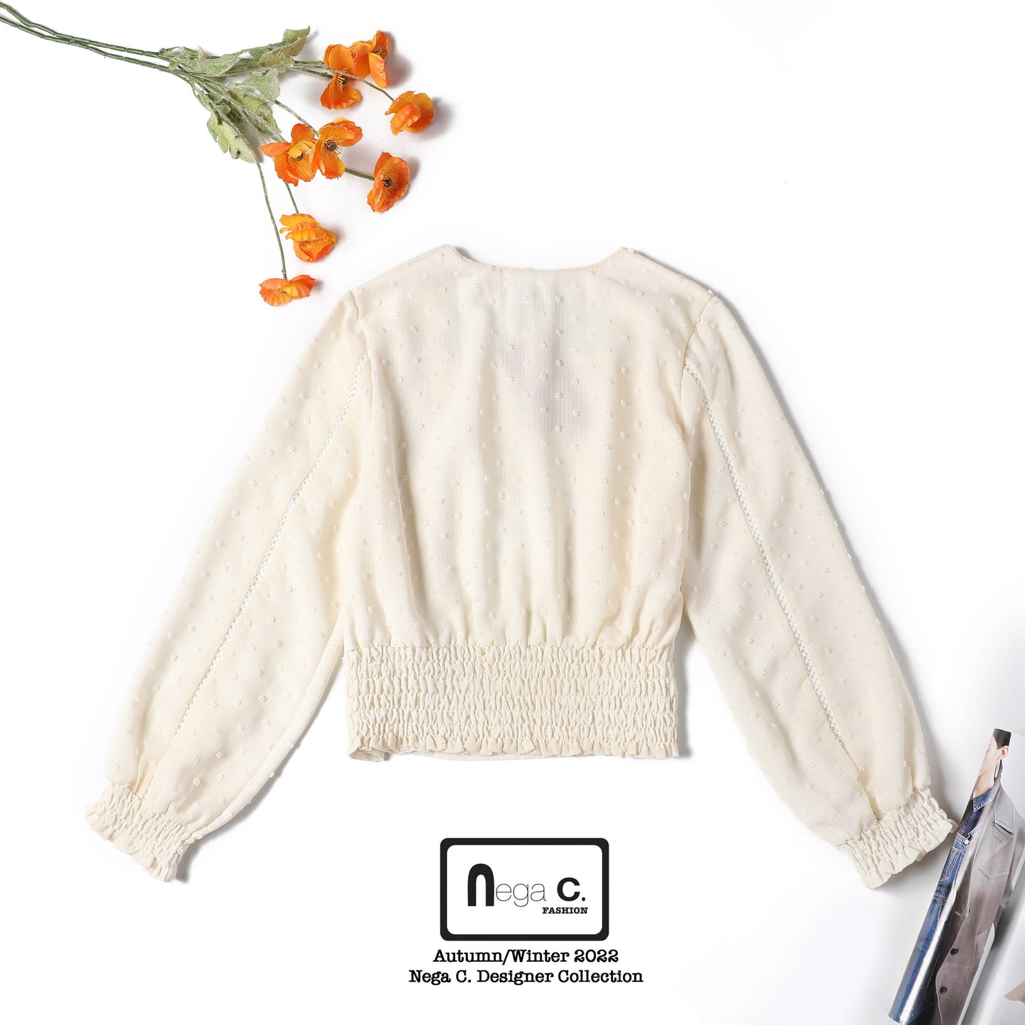 Nega C. เสื้อลูกไม้คอเหลี่ยมลายจุด|สีแอปริคอท|ผ้าไม่ยืด|มีซับใน