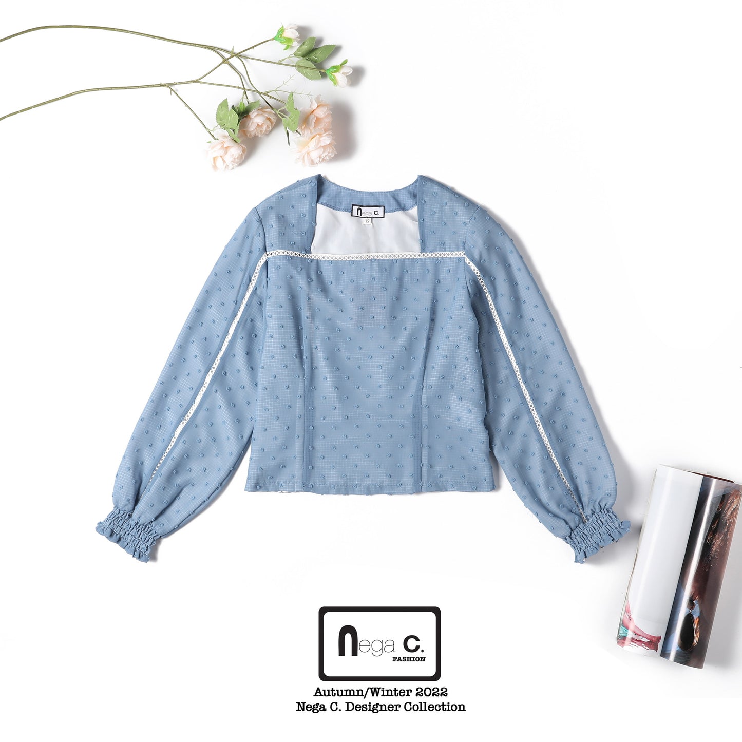 Nega C. เสื้อลูกไม้คอเหลี่ยมลายจุด | สีน้ำเงิน | ผ้าไม่ยืด | มีซับใน
