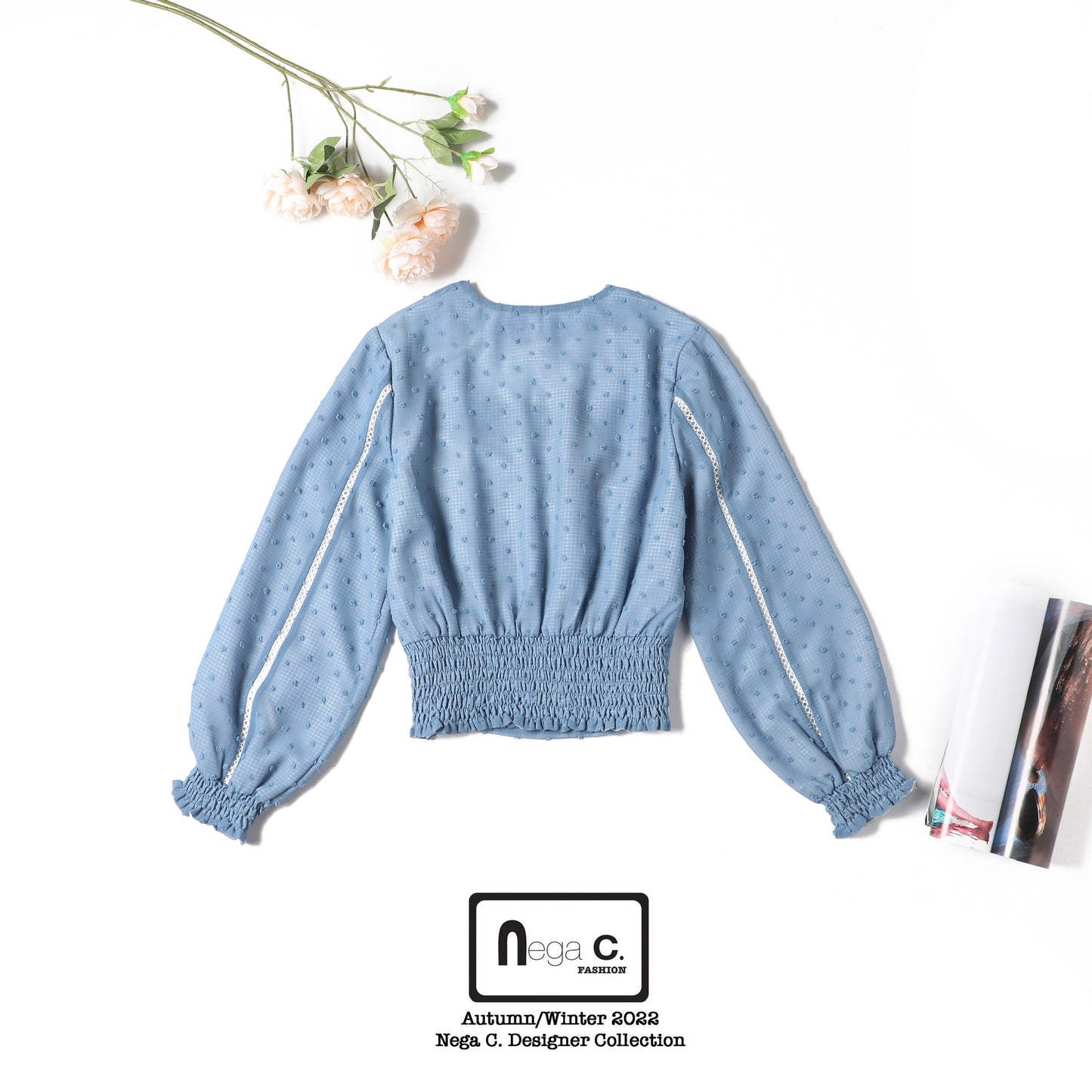 Nega C. เสื้อลูกไม้คอเหลี่ยมลายจุด | สีน้ำเงิน | ผ้าไม่ยืด | มีซับใน