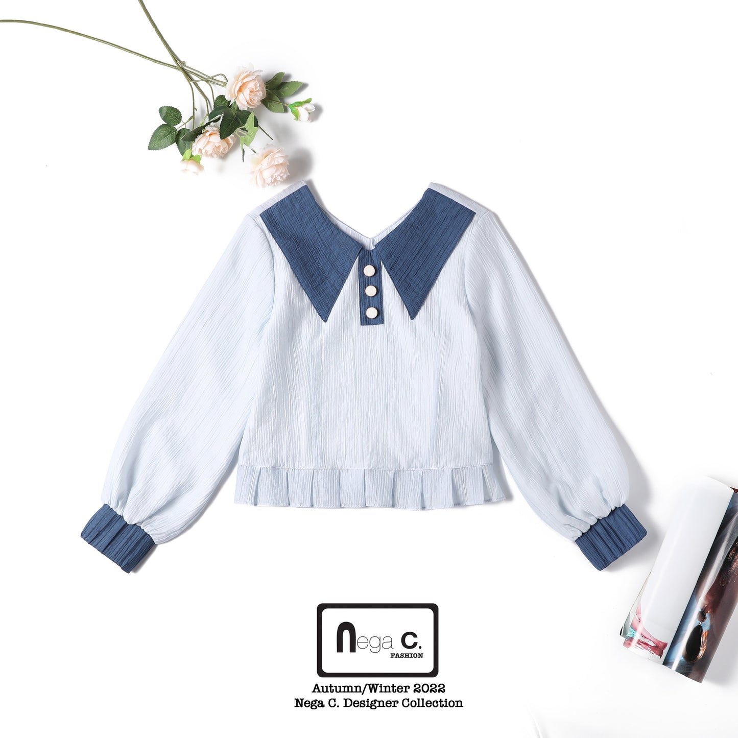 Nega C. 拼色尖領壓摺上衣|藍色|無彈|有裡襯