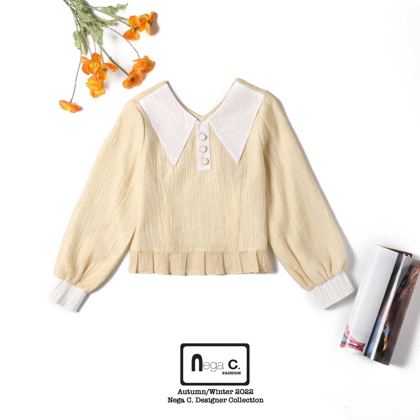 Nega C. Colorblock เสื้อจับจีบปกพีค | สีเหลือง | ผ้าไม่ยืด | มีซับใน