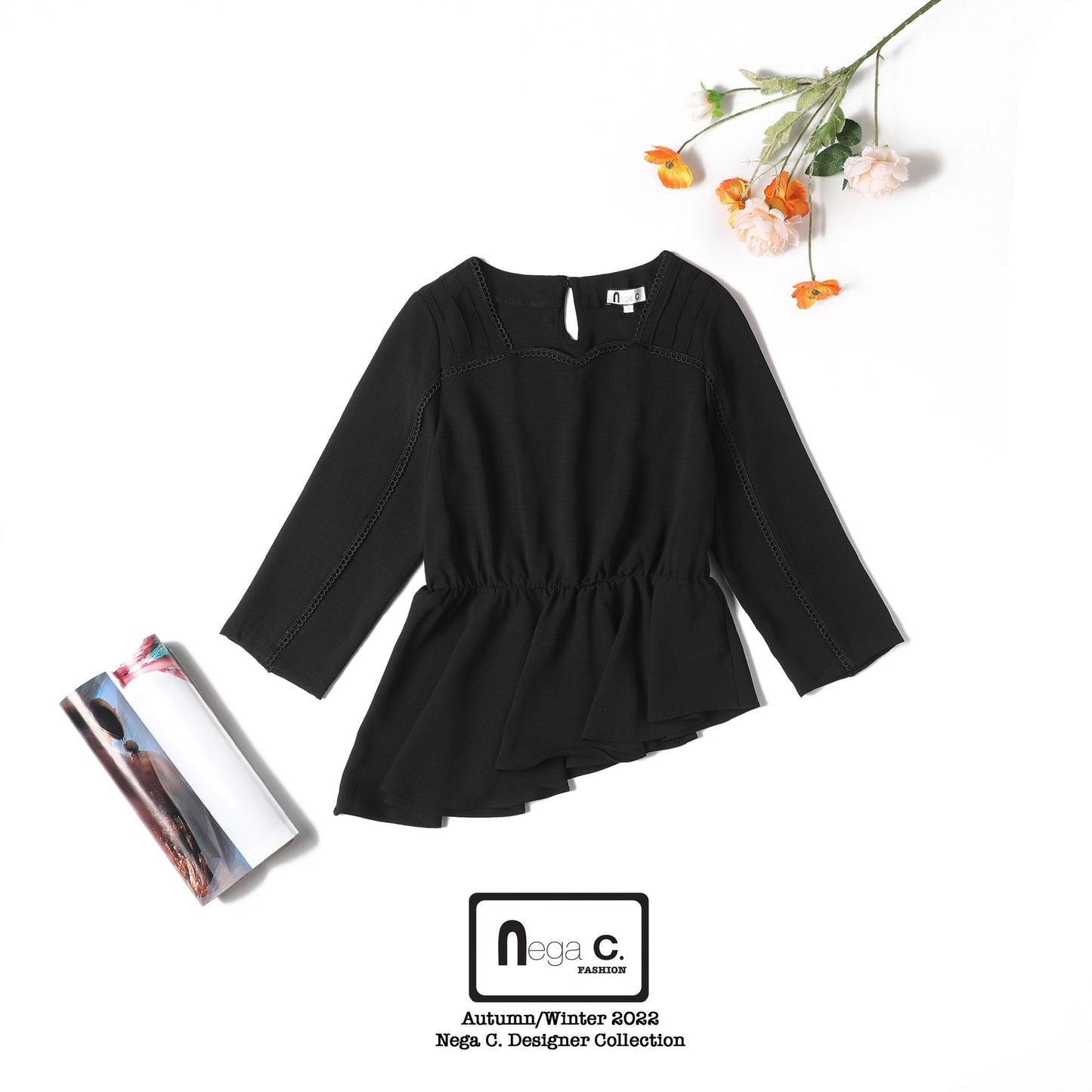 Nega C. เสื้อทูนิคระบายไม่สมมาตรคอ Sweetheart | สีดำ | ไม่ยืด | ไม่มีซับใน