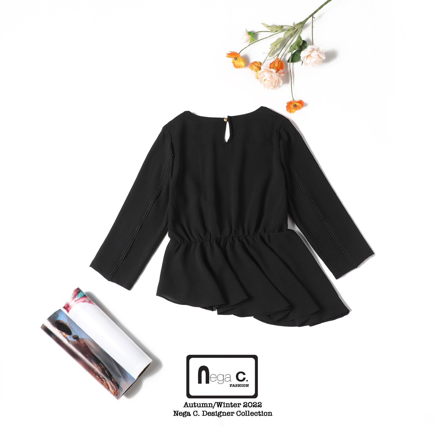 Nega C. เสื้อทูนิคระบายไม่สมมาตรคอ Sweetheart | สีดำ | ไม่ยืด | ไม่มีซับใน