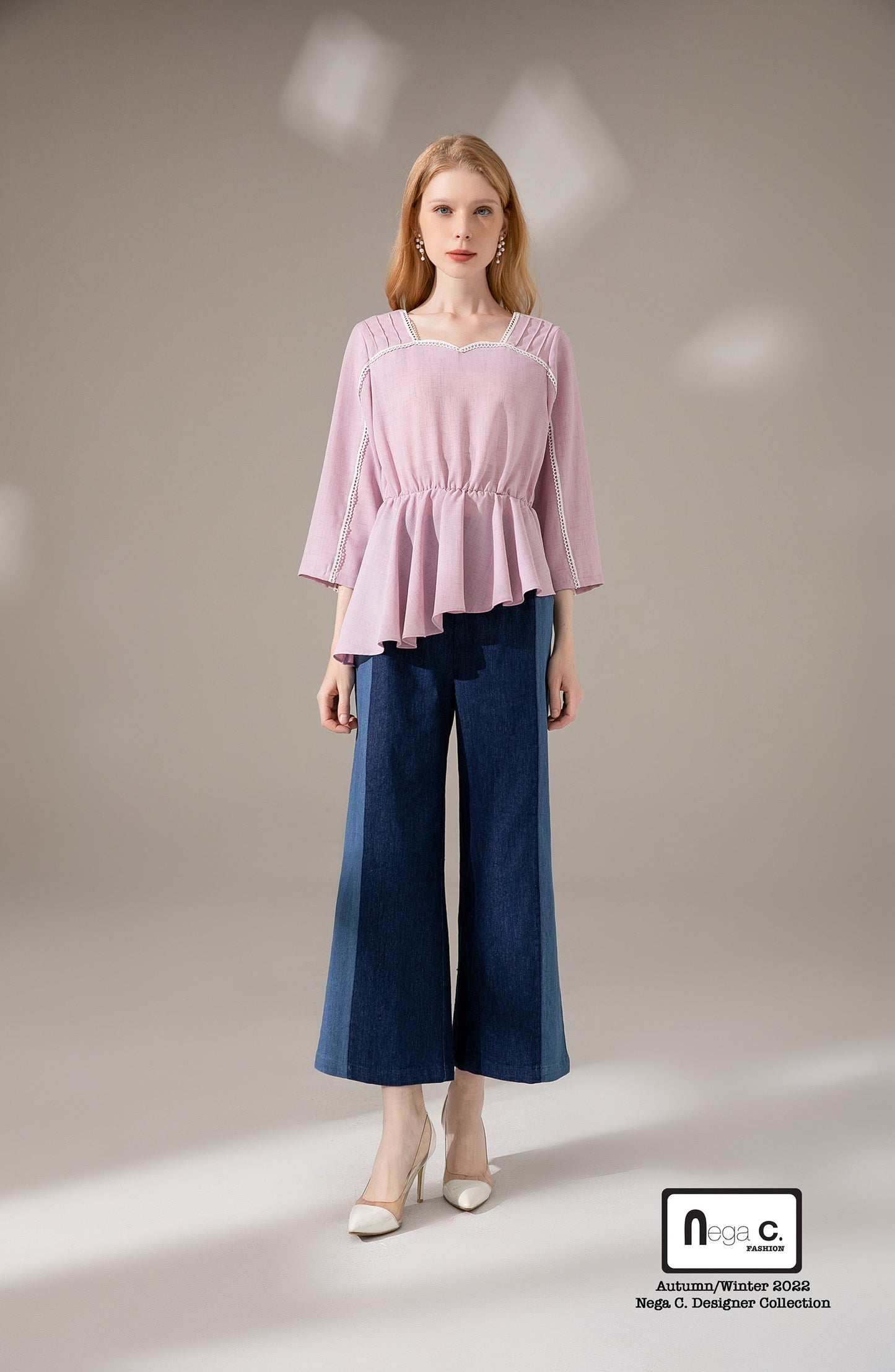 Nega C. เสื้อทูนิคระบายไม่สมมาตรคอ Sweetheart | สีชมพู | ไม่ยืด | ไม่มีซับใน