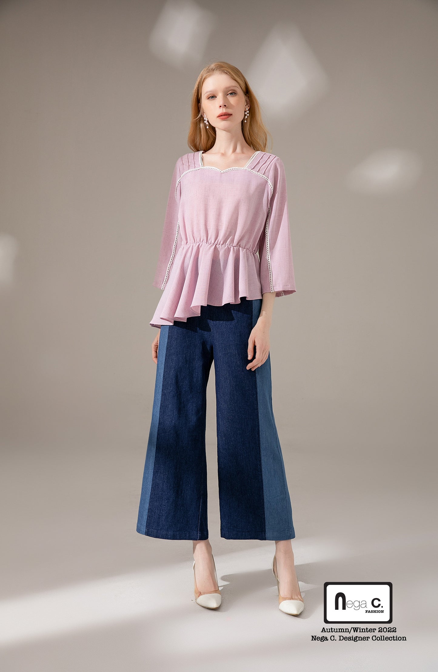 Nega C. เสื้อทูนิคระบายไม่สมมาตรคอ Sweetheart | สีชมพู | ไม่ยืด | ไม่มีซับใน