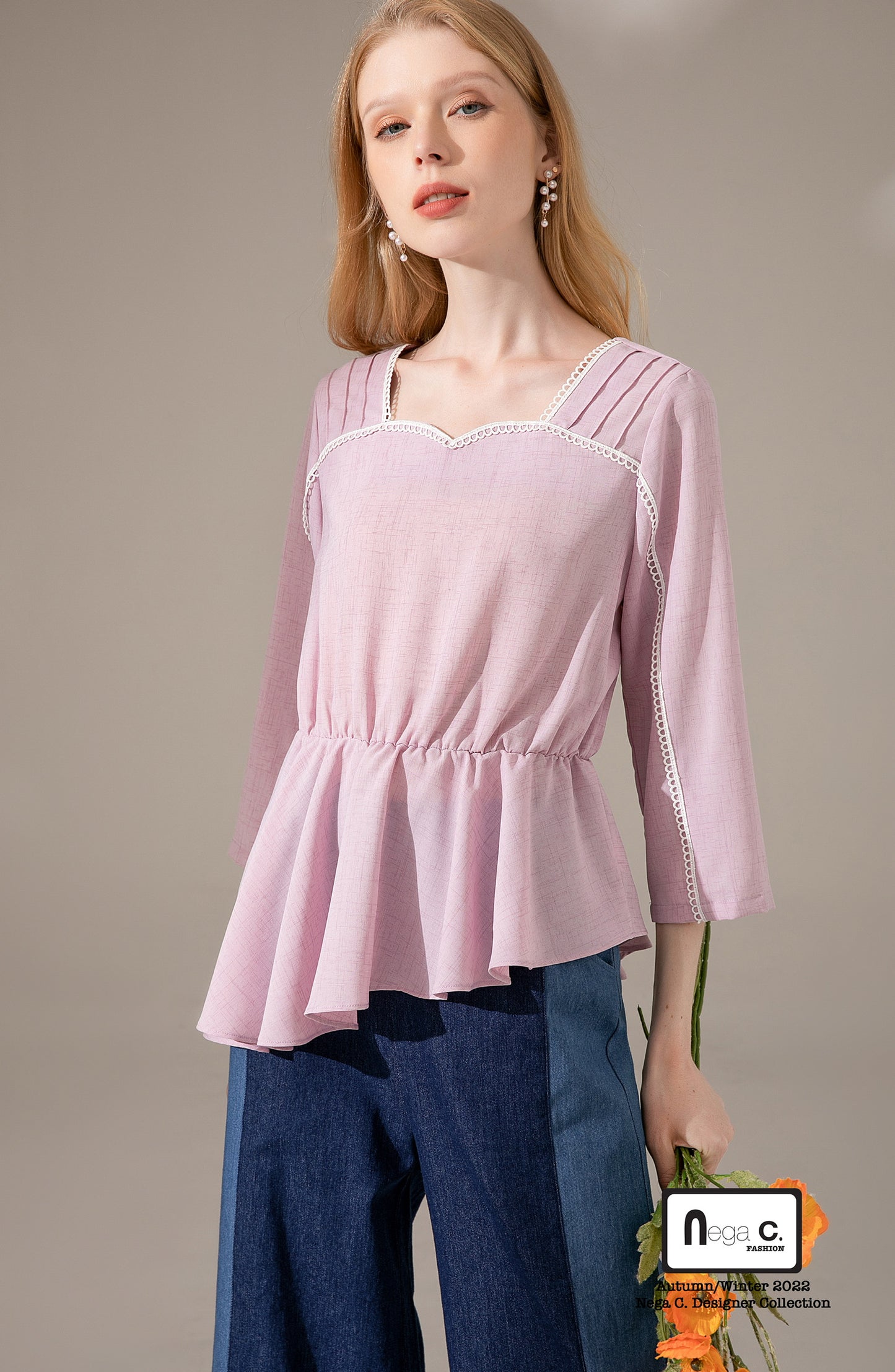 Nega C. เสื้อทูนิคระบายไม่สมมาตรคอ Sweetheart | สีชมพู | ไม่ยืด | ไม่มีซับใน