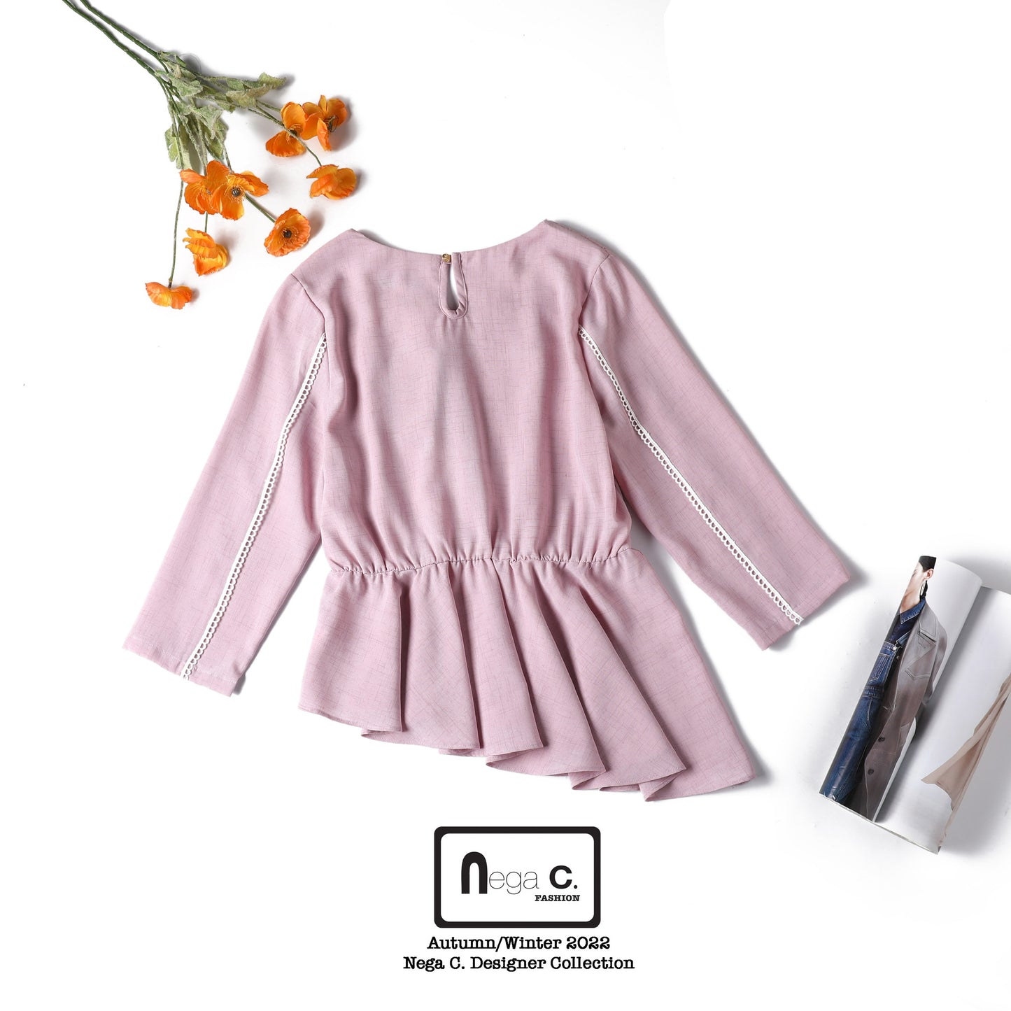 Nega C. เสื้อทูนิคระบายไม่สมมาตรคอ Sweetheart | สีชมพู | ไม่ยืด | ไม่มีซับใน