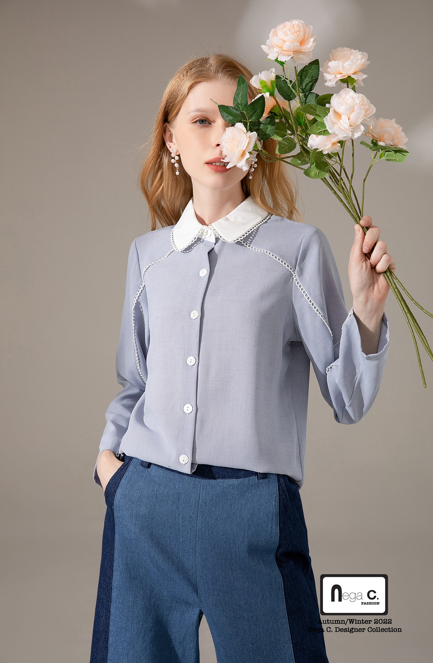 Nega C. เสื้อเชิ้ตคอกลมบล็อคสี | สีเทา | ผ้าไม่ยืด | ไม่มีซับใน