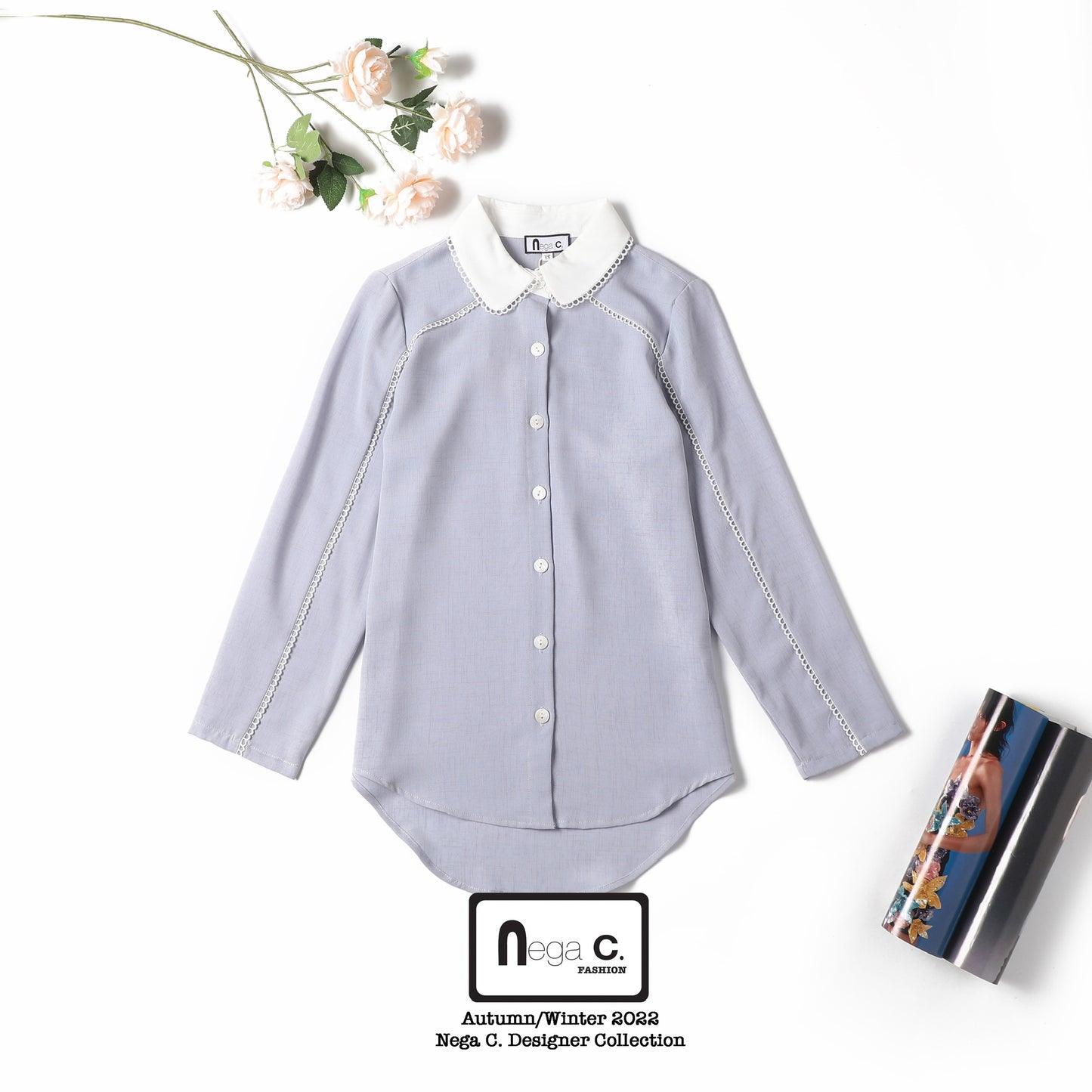 Nega C. เสื้อเชิ้ตคอกลมบล็อคสี | สีเทา | ผ้าไม่ยืด | ไม่มีซับใน