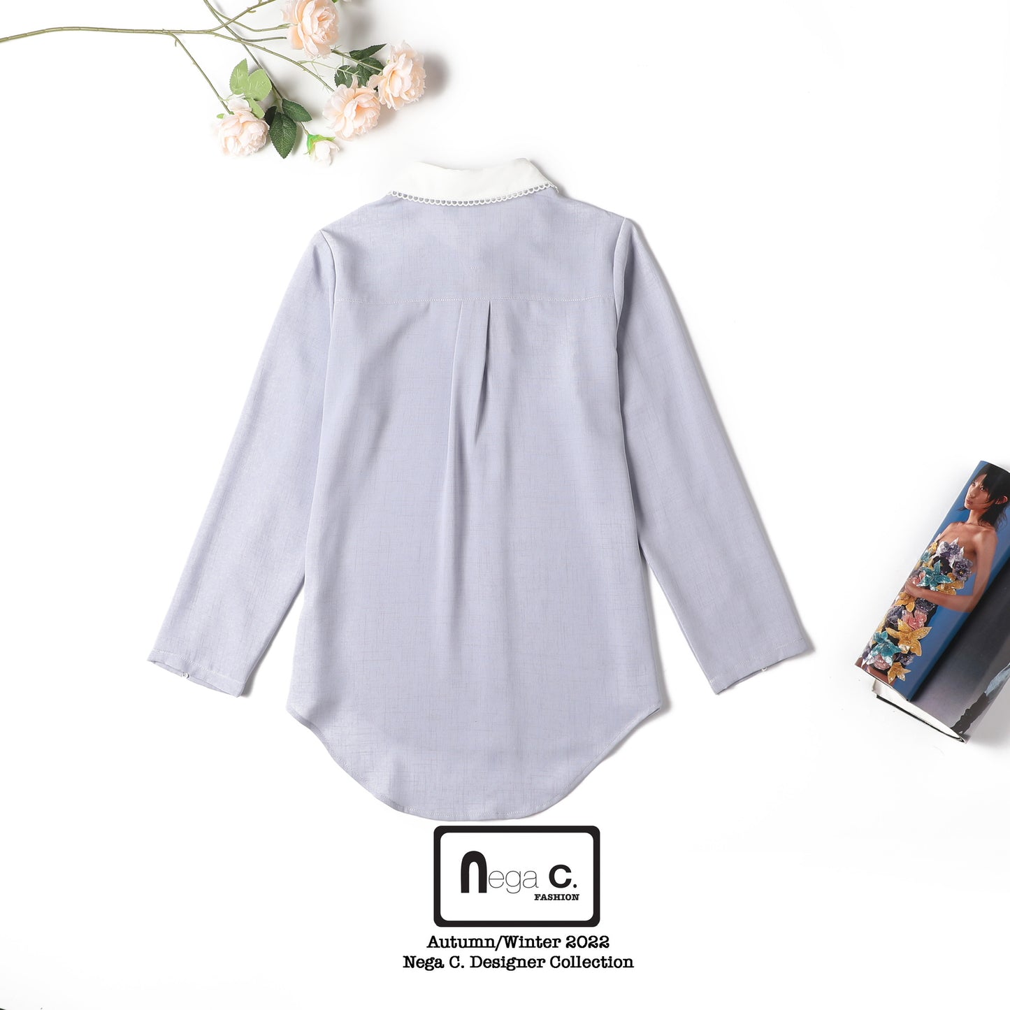 Nega C. เสื้อเชิ้ตคอกลมบล็อคสี | สีเทา | ผ้าไม่ยืด | ไม่มีซับใน