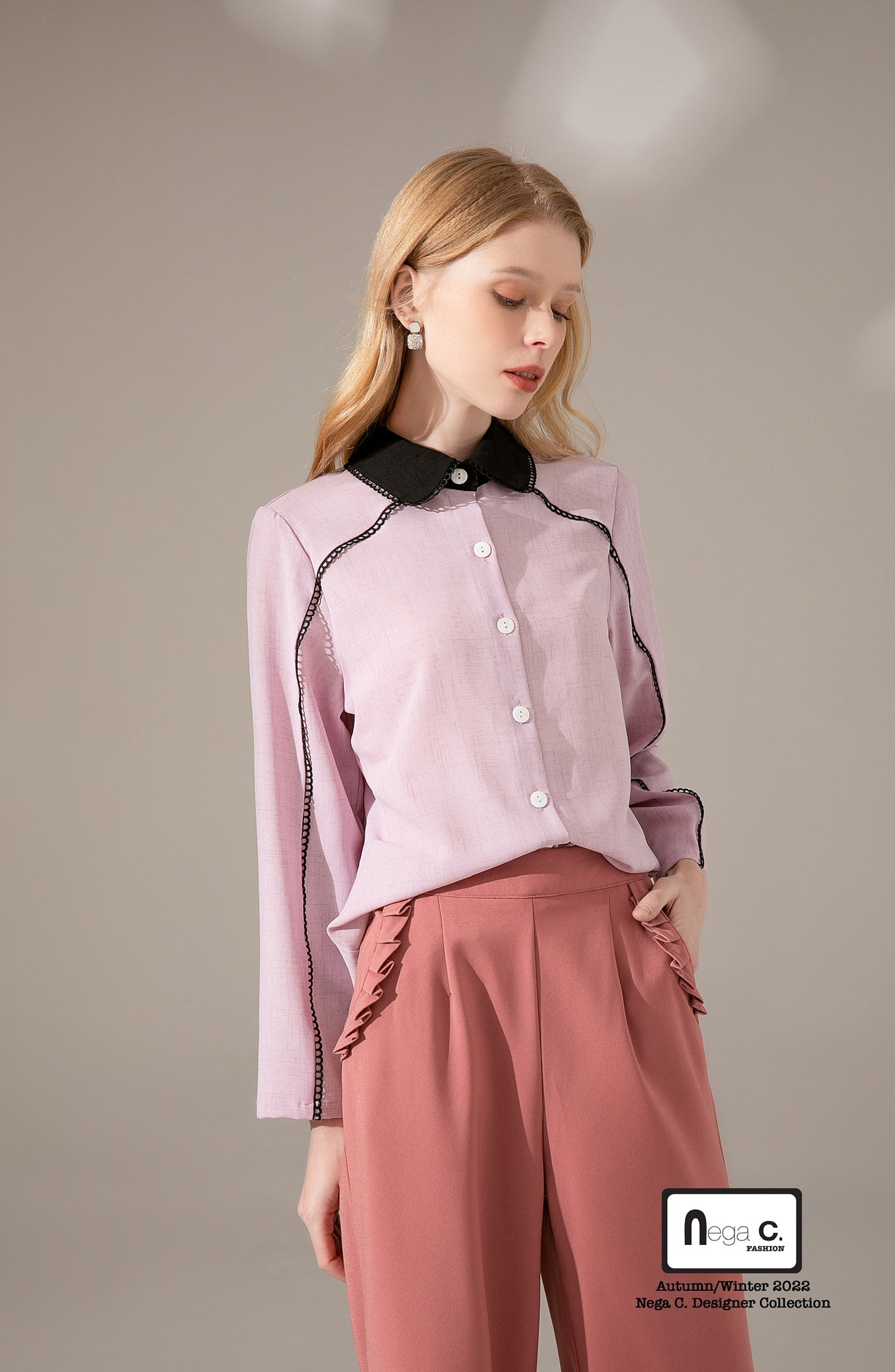 Nega C. เสื้อเชิ้ตคอกลมแขนยาว | ชมพู | ผ้าไม่ยืด | ไม่มีซับใน