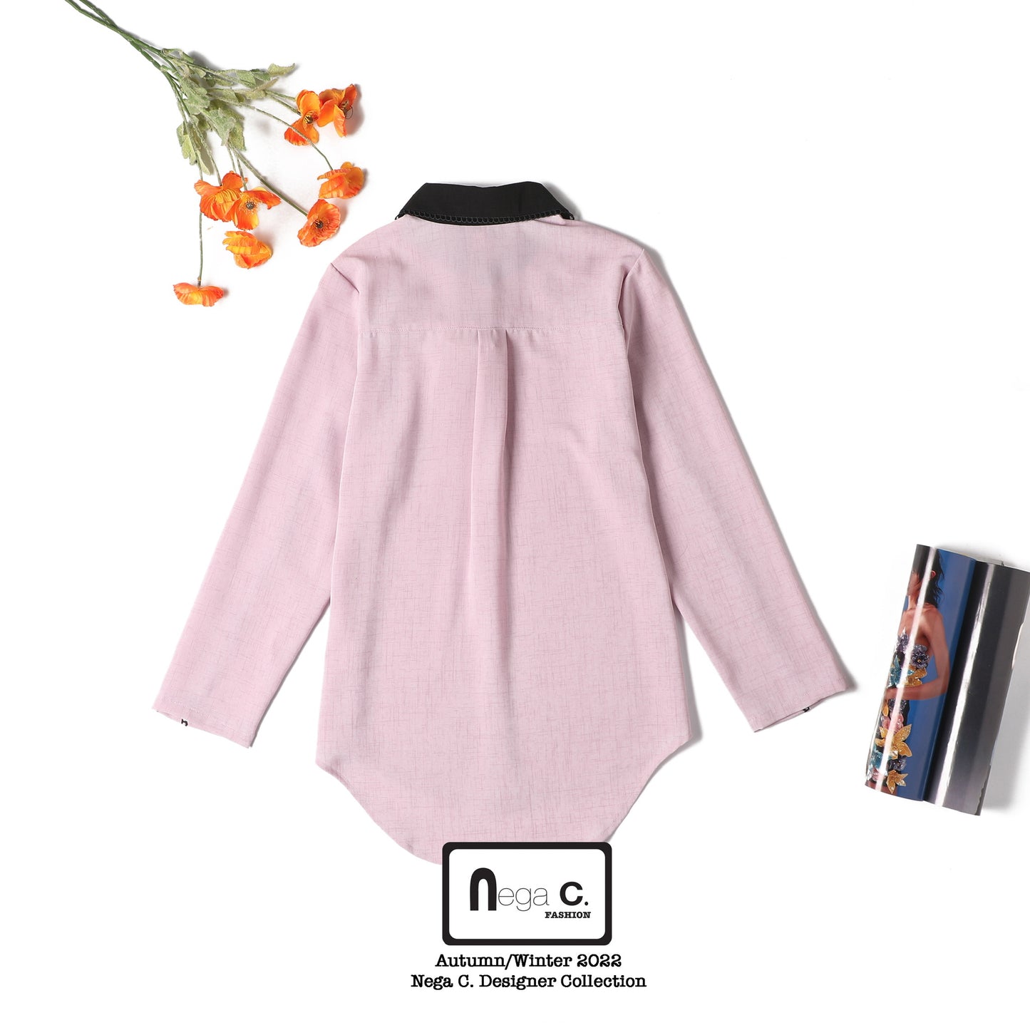 Nega C. เสื้อเชิ้ตคอกลมแขนยาว | ชมพู | ผ้าไม่ยืด | ไม่มีซับใน