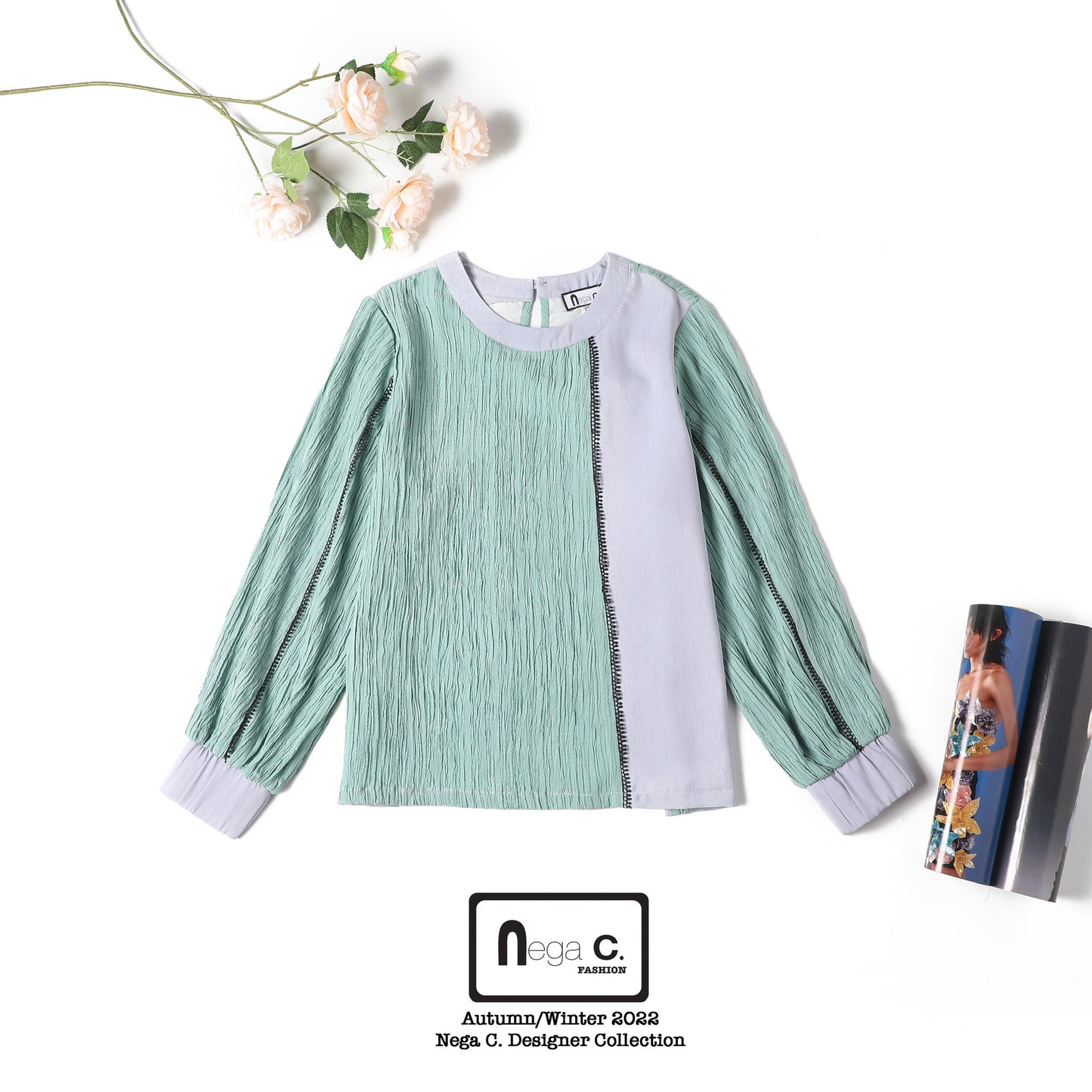 Nega C. เสื้อคอกลมบล็อคสี | เขียวชมพู | ยืดเล็กน้อย | ไม่มีซับใน