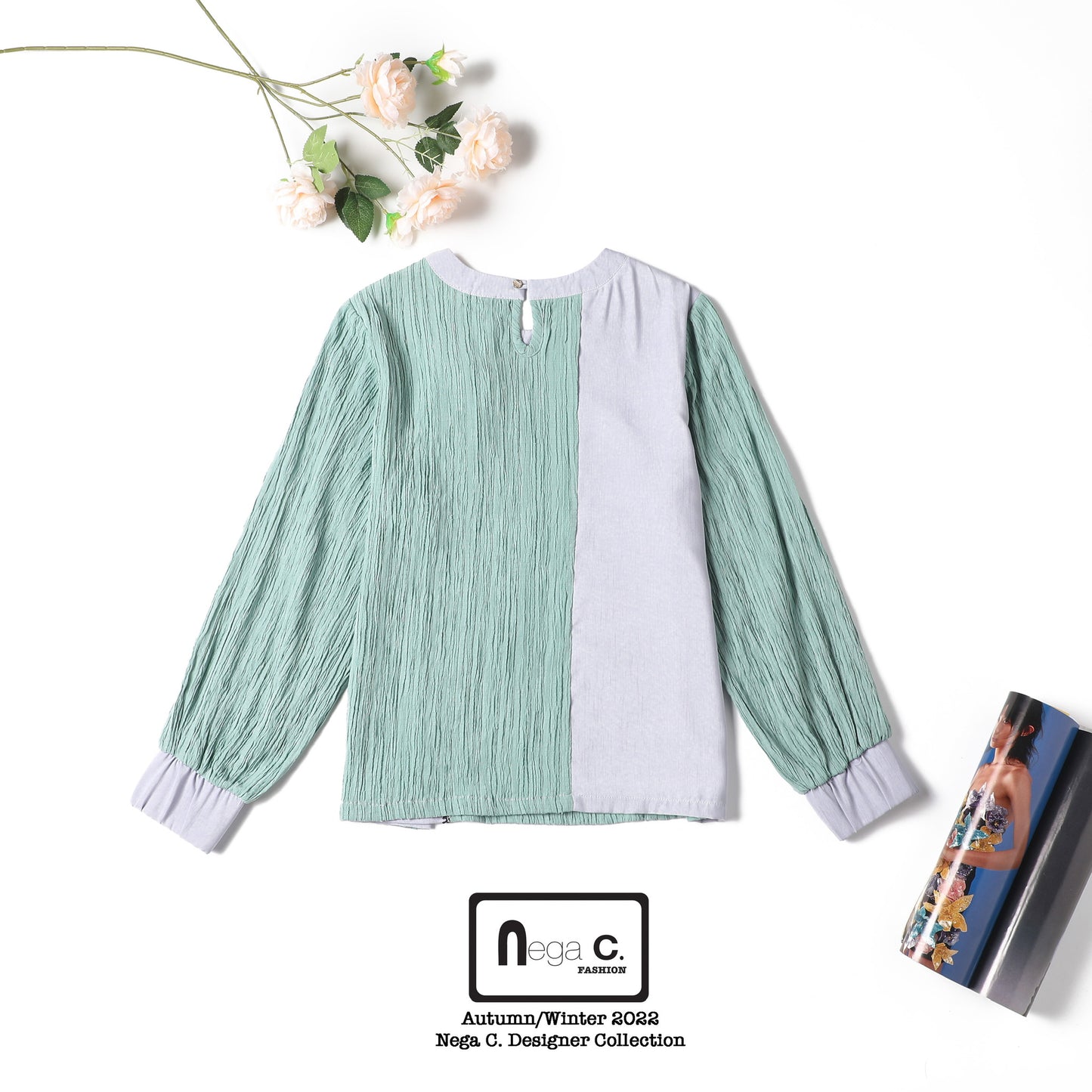 Nega C. เสื้อคอกลมบล็อคสี | เขียวชมพู | ยืดเล็กน้อย | ไม่มีซับใน