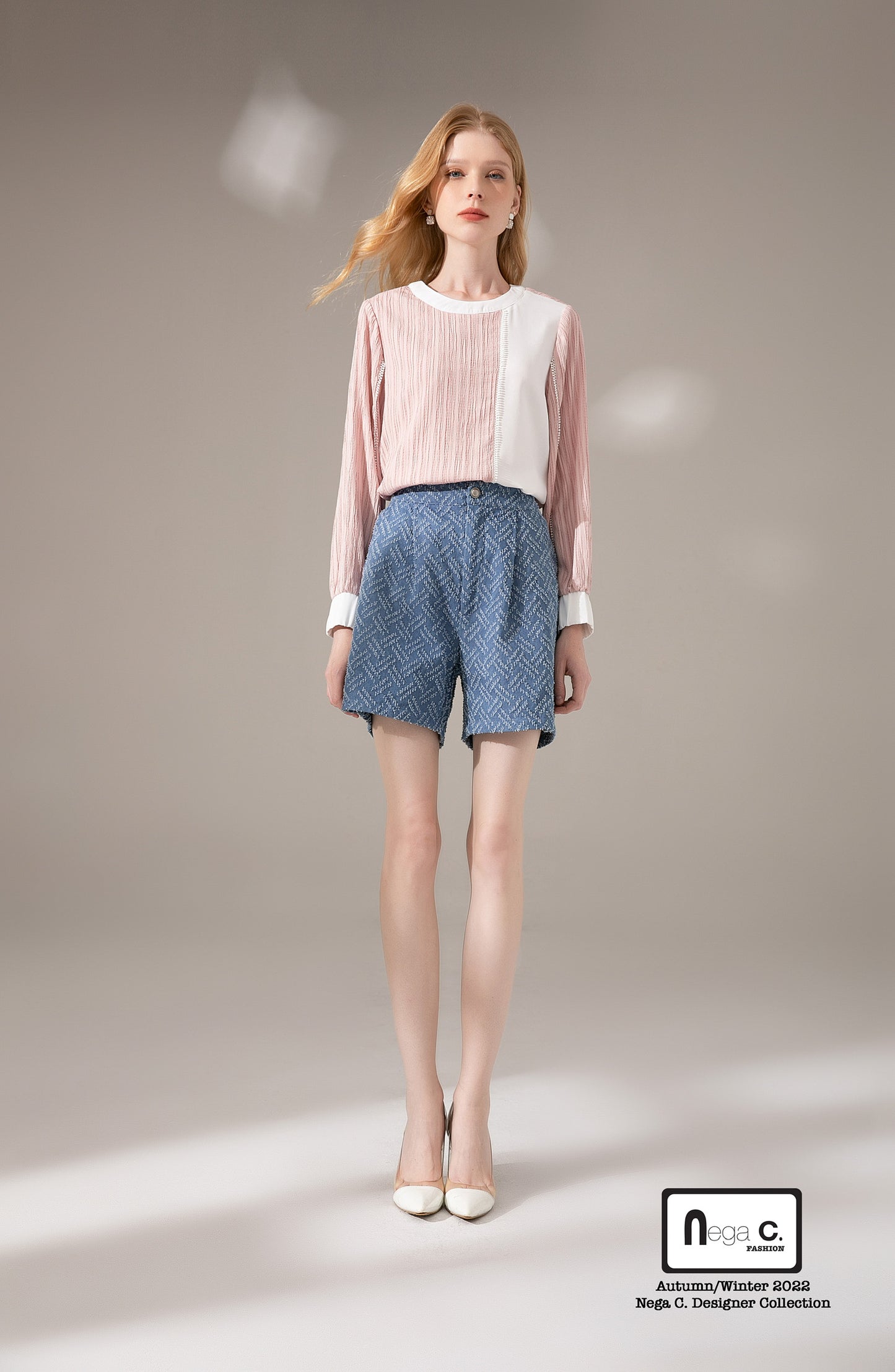 Nega C. เสื้อคอกลมบล็อคสี | สีชมพู | ยืดเล็กน้อย | ไม่มีซับใน