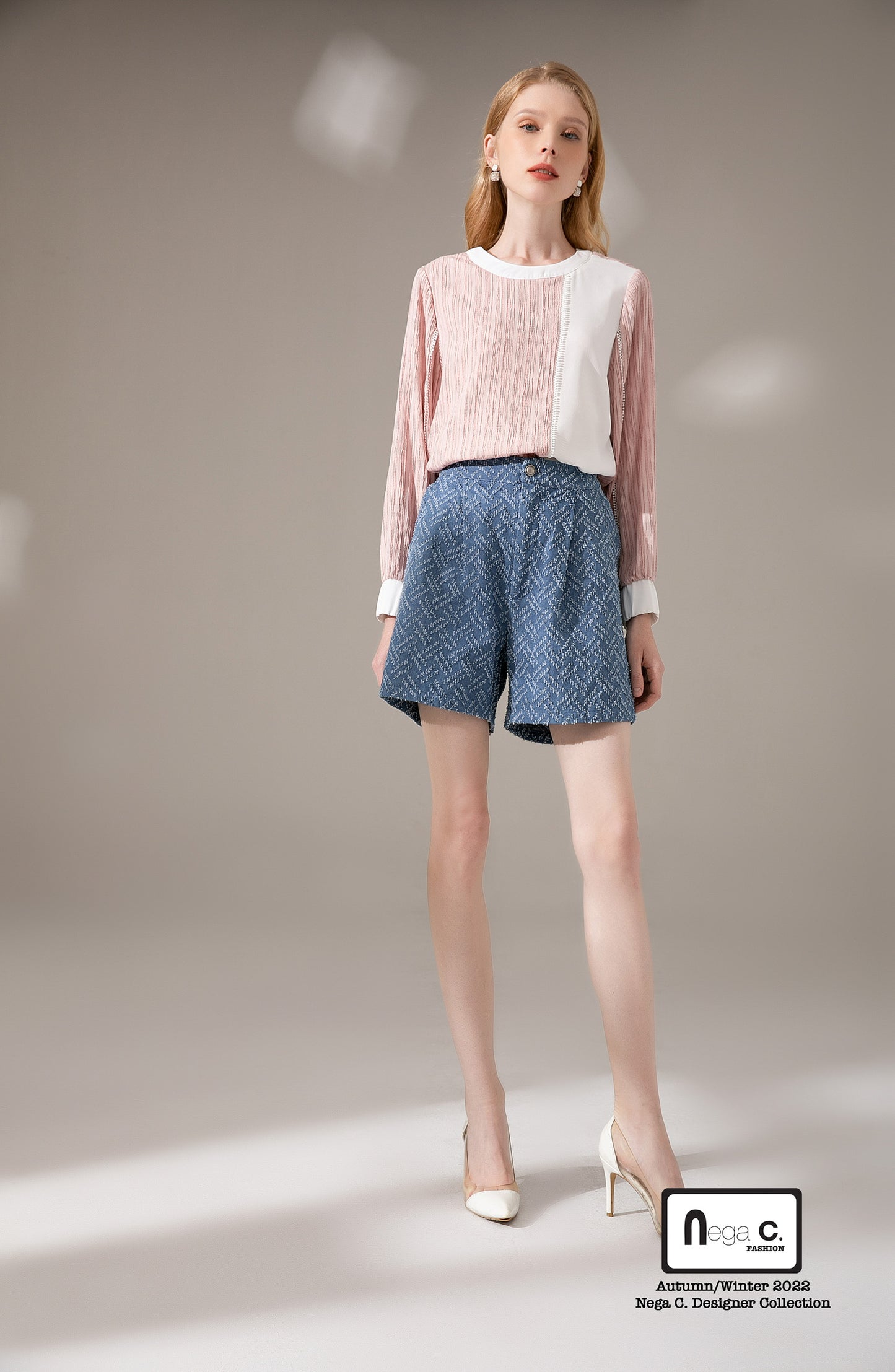 Nega C. เสื้อคอกลมบล็อคสี | สีชมพู | ยืดเล็กน้อย | ไม่มีซับใน
