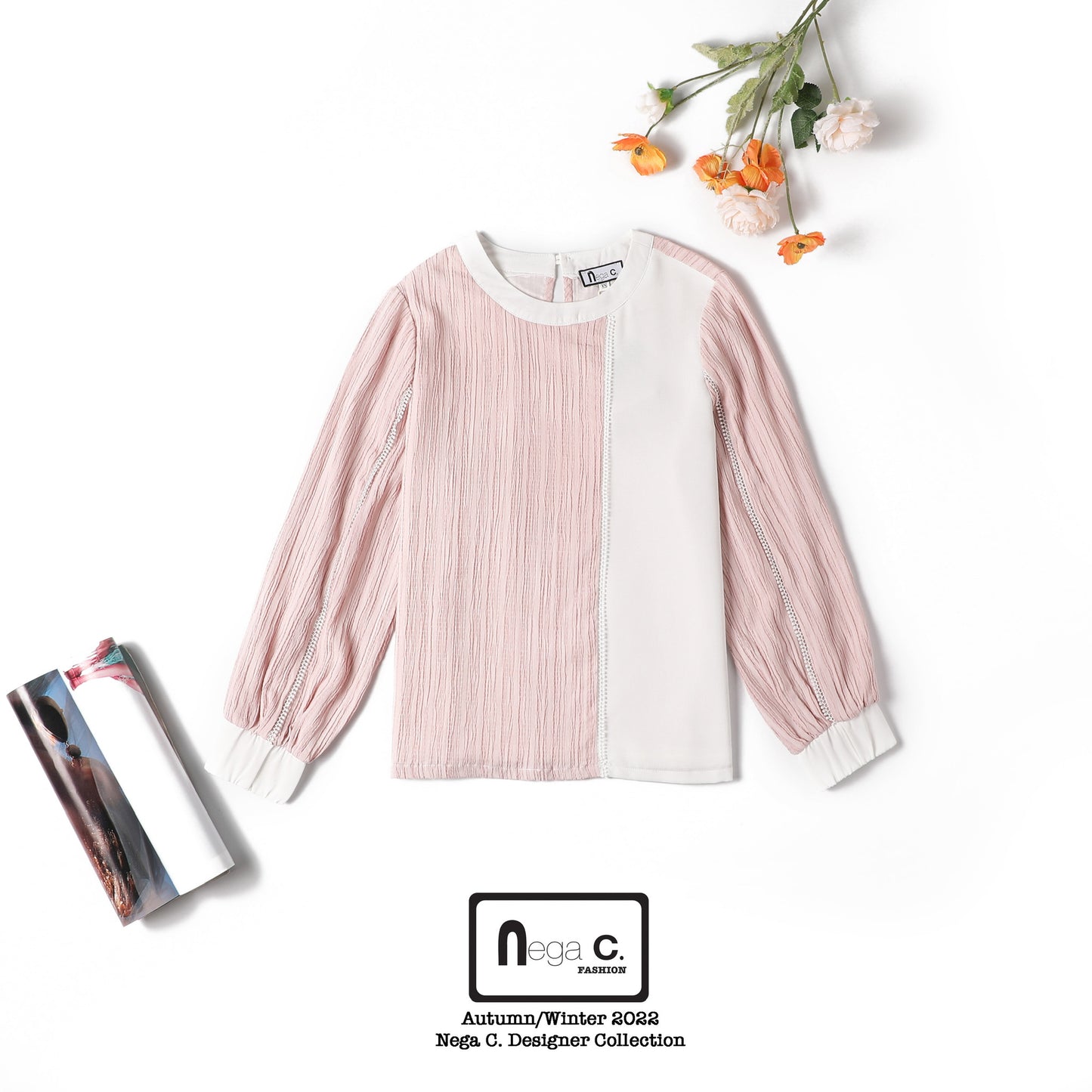 Nega C. เสื้อคอกลมบล็อคสี | สีชมพู | ยืดเล็กน้อย | ไม่มีซับใน