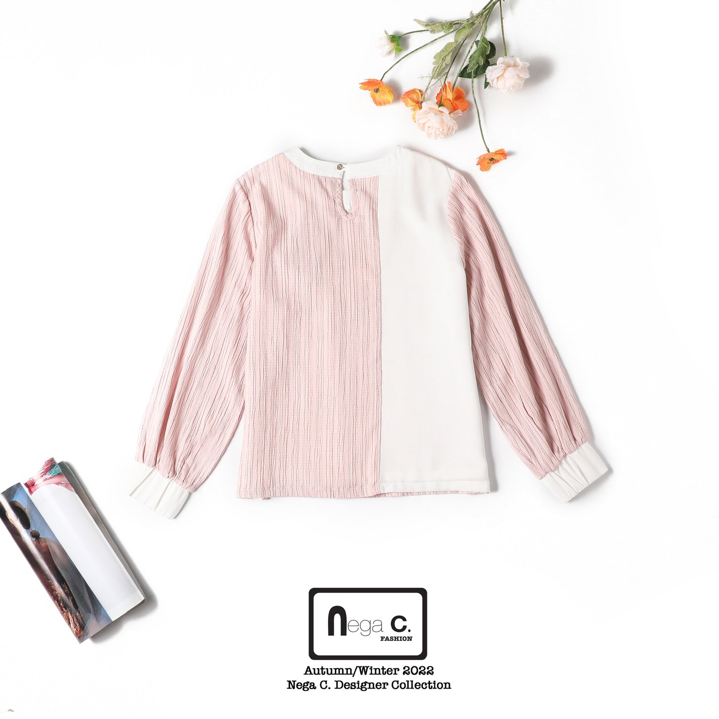 Nega C. เสื้อคอกลมบล็อคสี | สีชมพู | ยืดเล็กน้อย | ไม่มีซับใน
