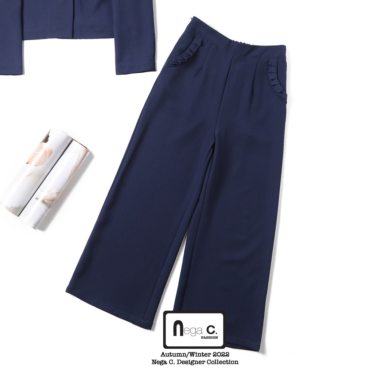 Nega C. 純色荷葉邊闊版西褲| 深藍色| 無彈| 無裡襯