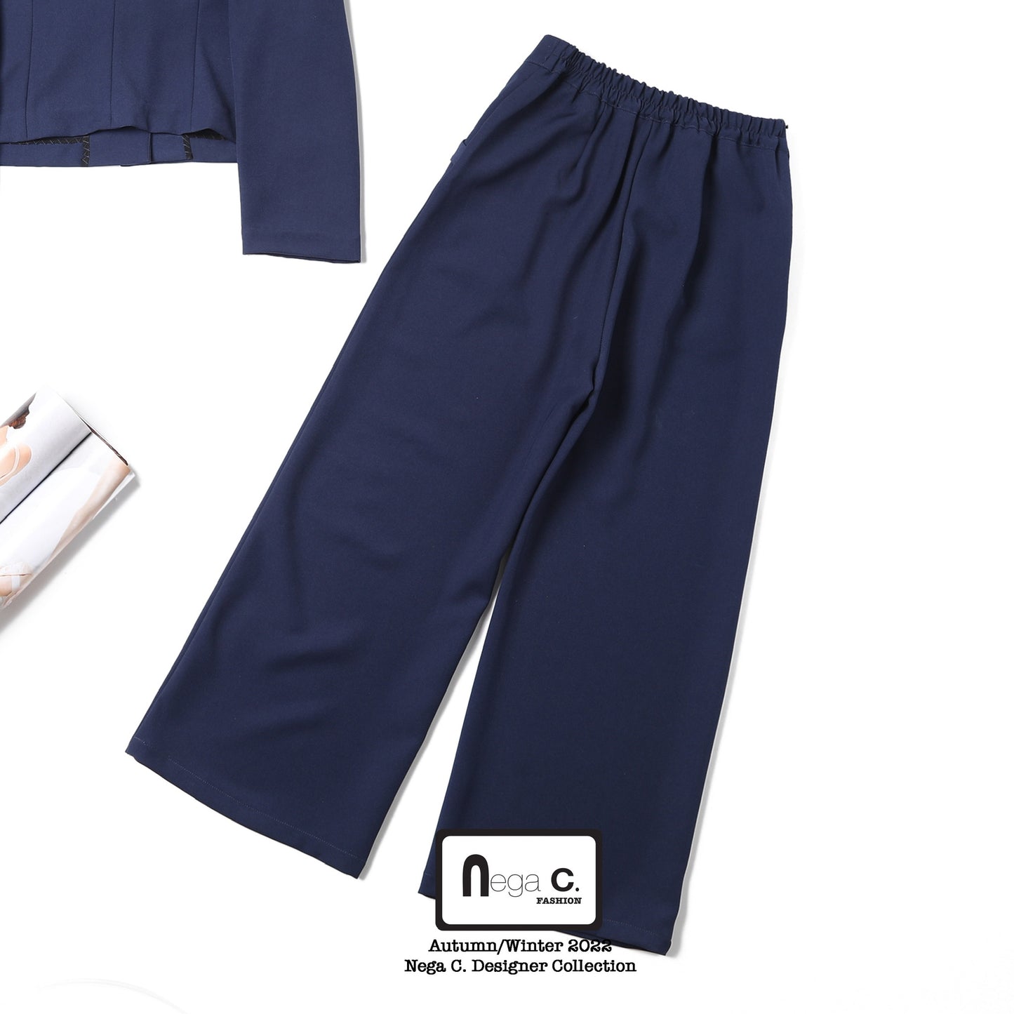 Nega C. 純色荷葉邊闊版西褲| 深藍色| 無彈| 無裡襯