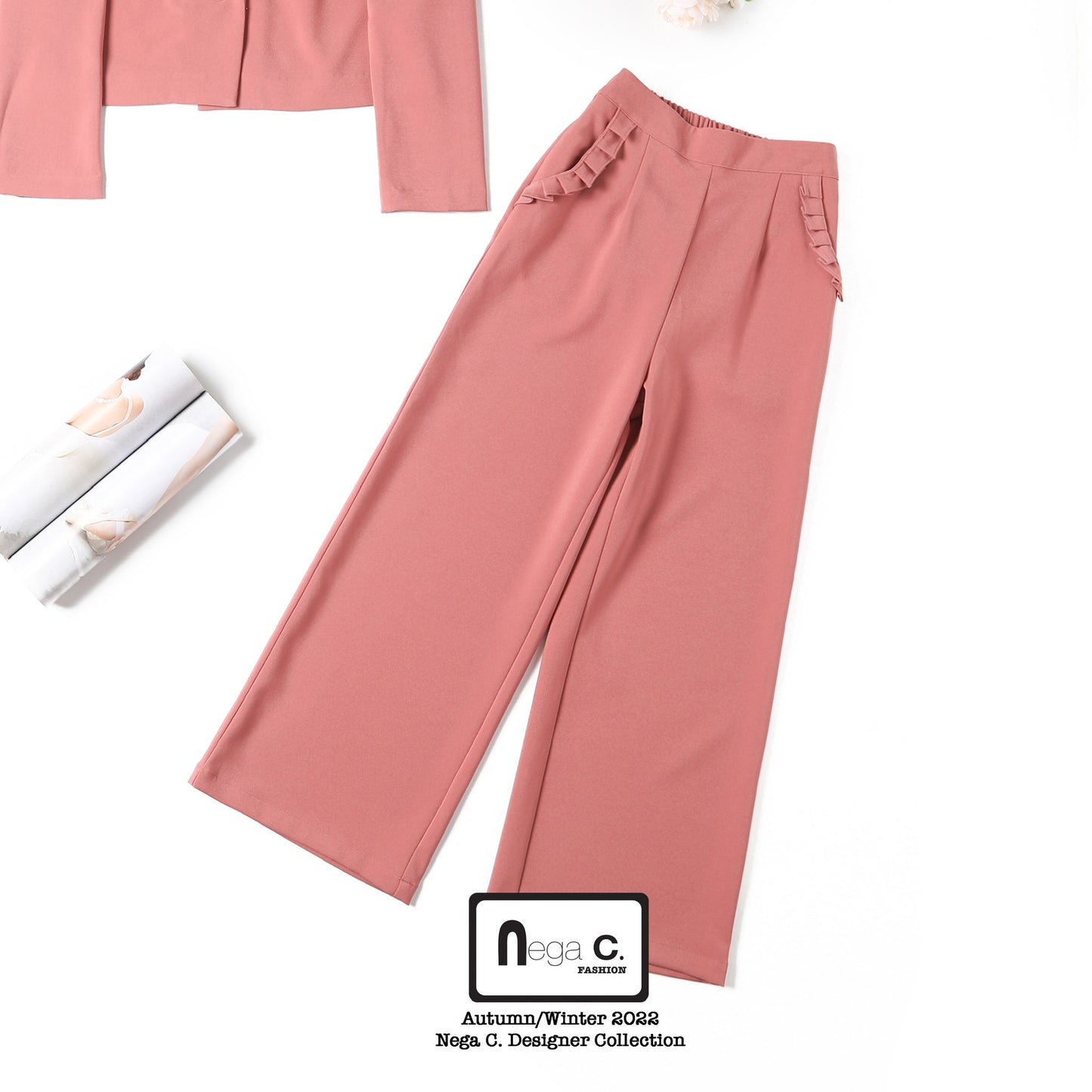 Nega C. Solid Ruffled Wide Fit Pants | สีชมพู | ไม่ยืด | ไม่มีซับใน