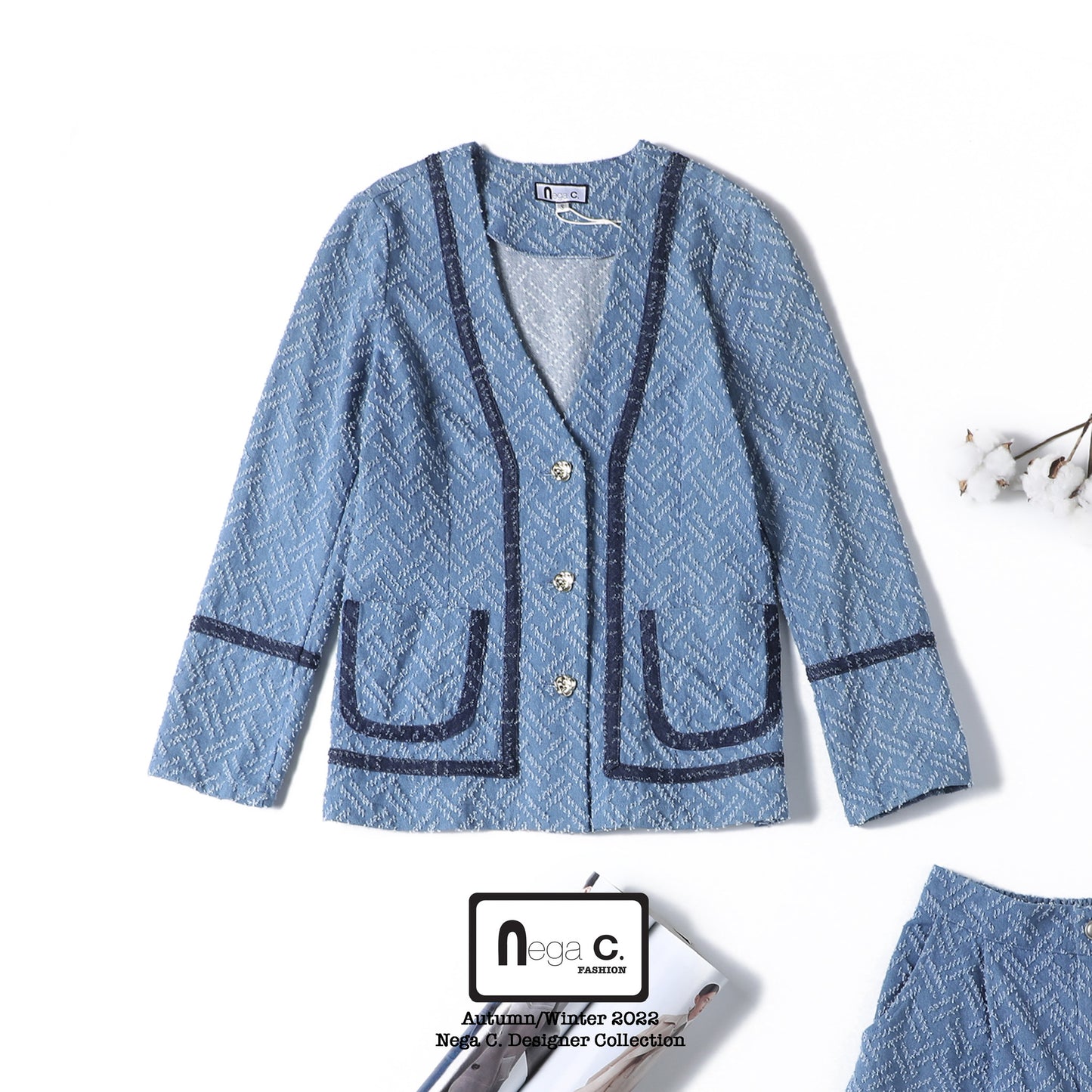 Nega C. แจ็คเก็ตยีนส์คอวีสีเข้ม | ฟ้าอ่อน | ไม่ยืด | ไม่มีซับใน