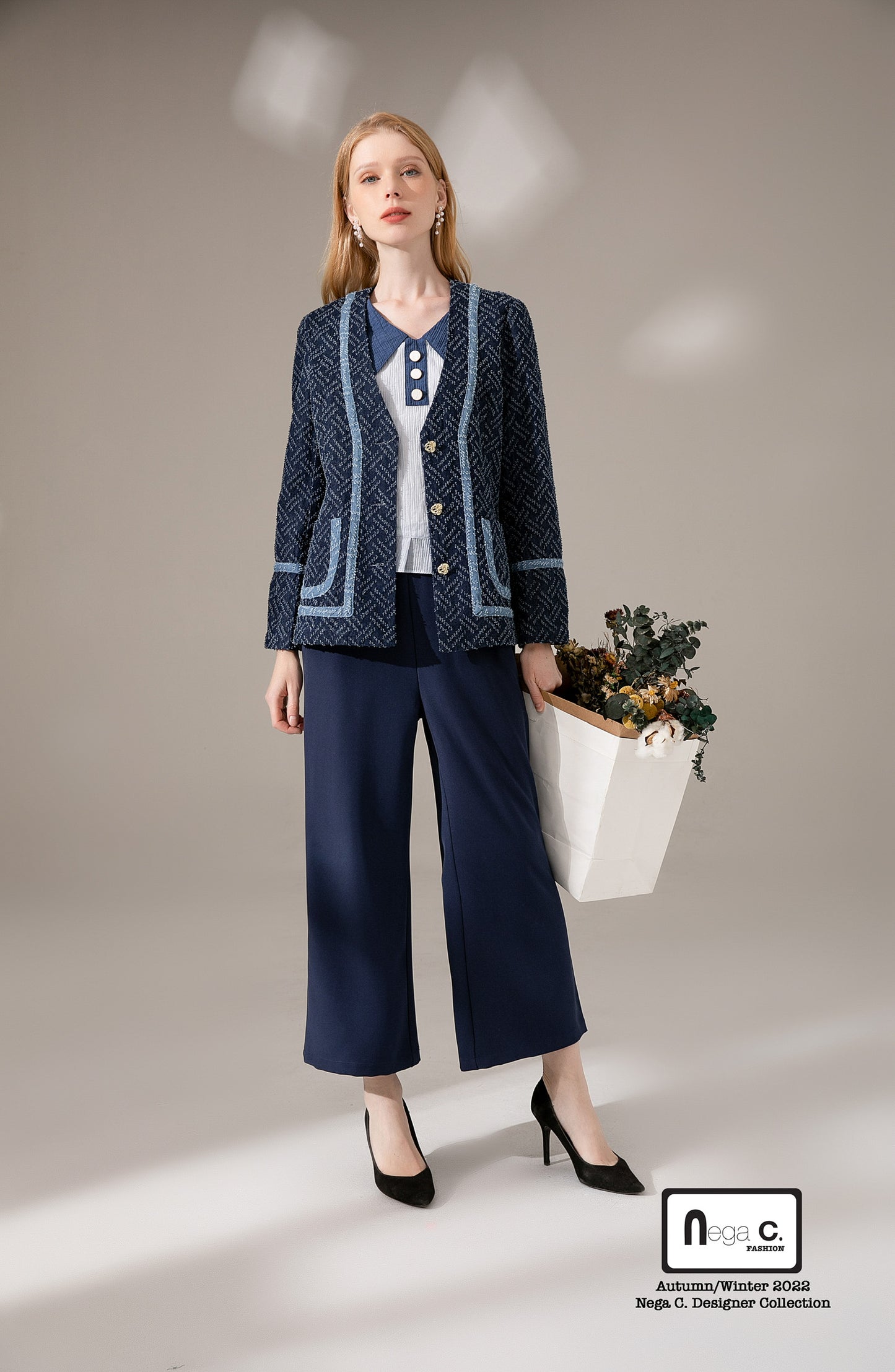 Nega C. V領暗紋牛仔外套|深藍色|無彈|無裡襯