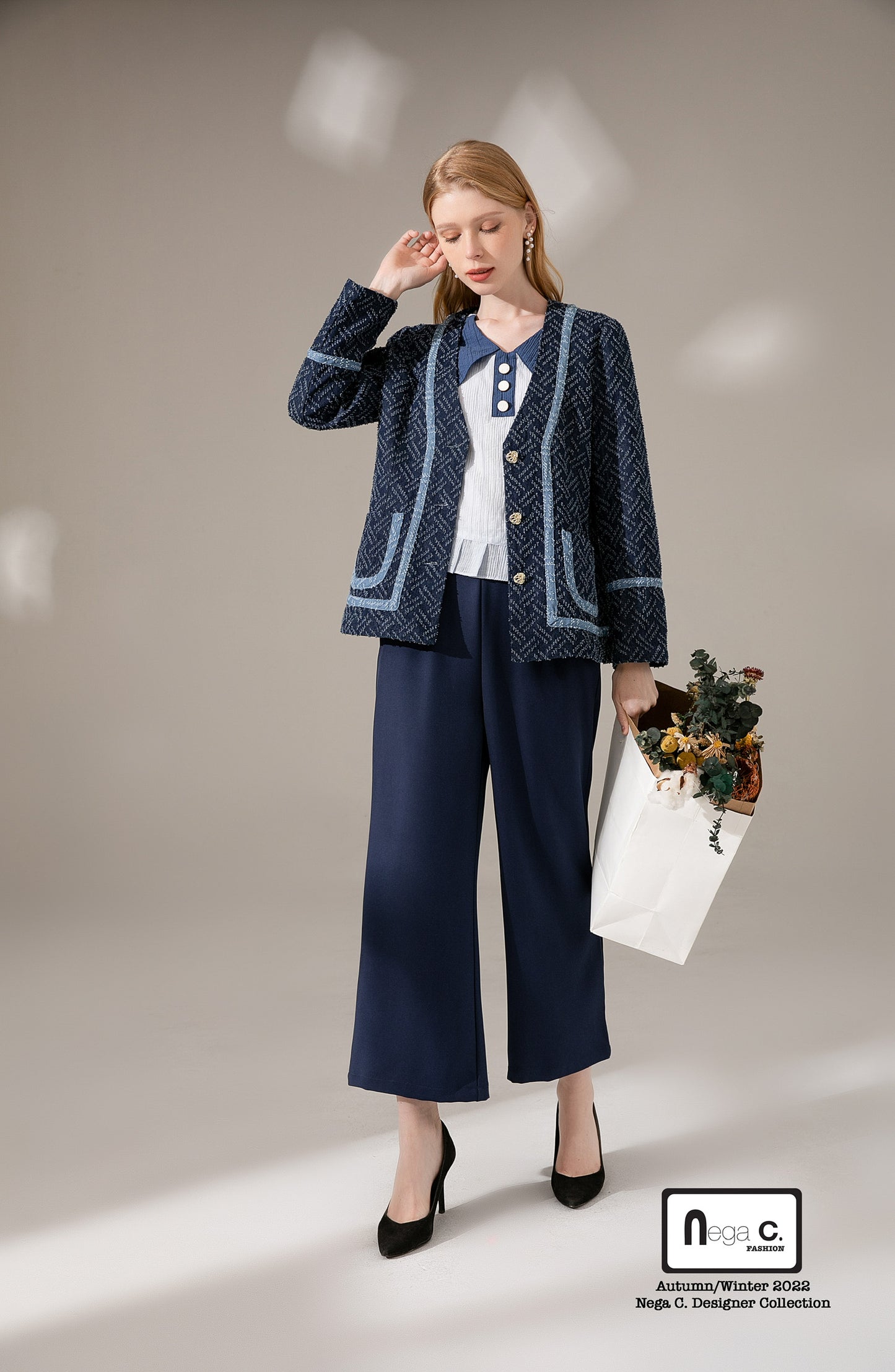 Nega C. V領暗紋牛仔外套|深藍色|無彈|無裡襯