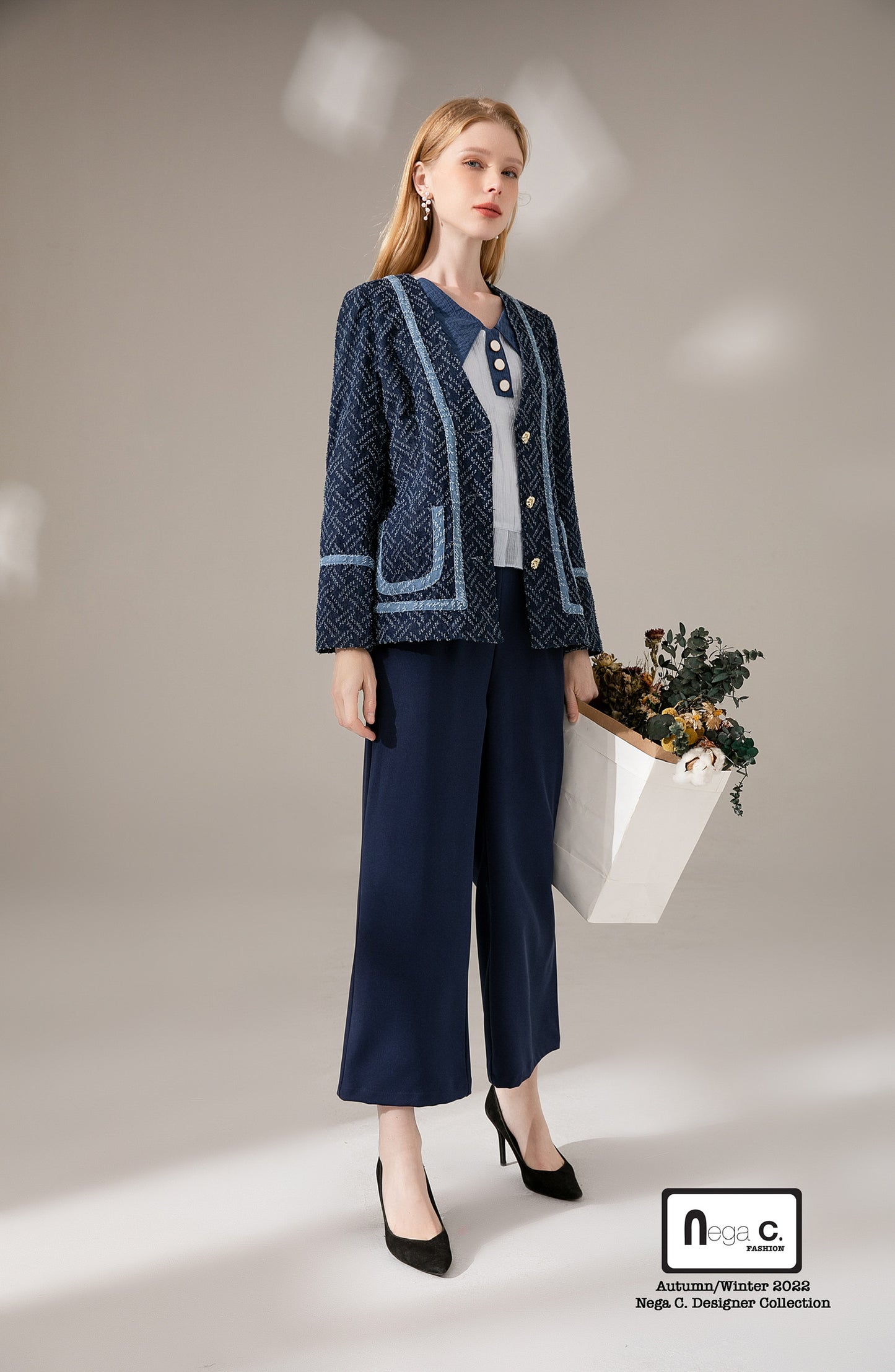 Nega C. V領暗紋牛仔外套|深藍色|無彈|無裡襯