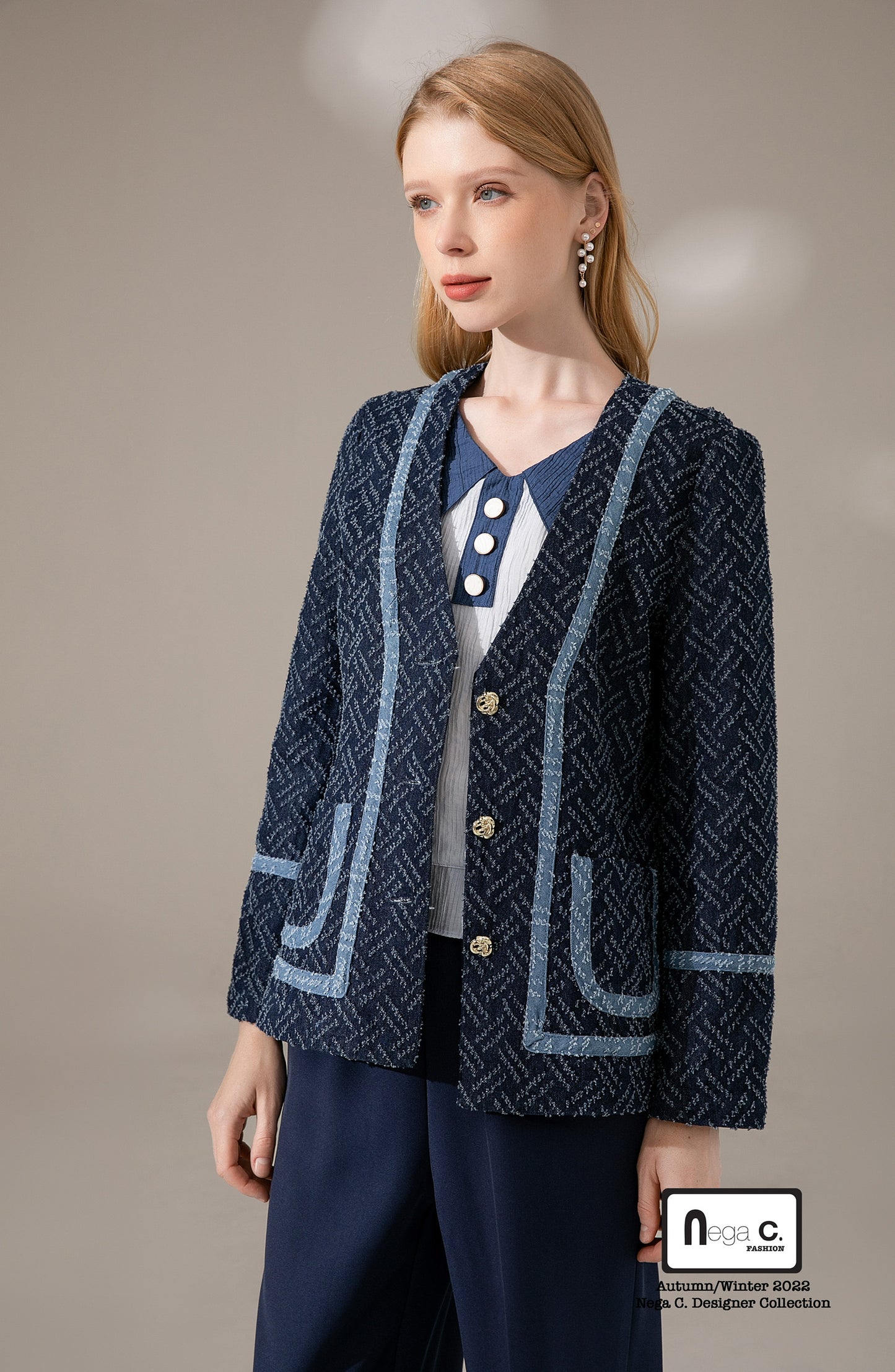 Nega C. V領暗紋牛仔外套|深藍色|無彈|無裡襯