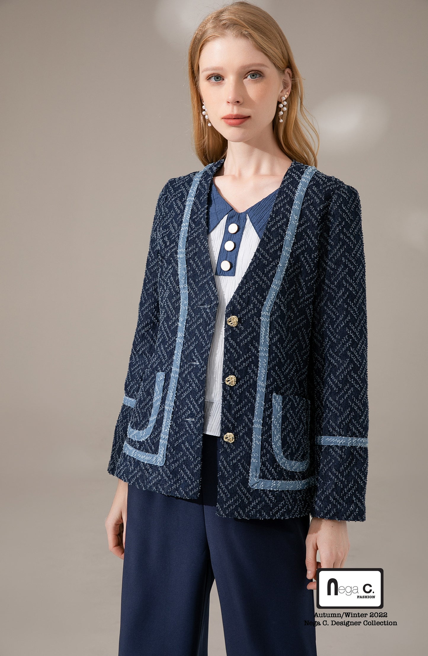 Nega C. V領暗紋牛仔外套|深藍色|無彈|無裡襯