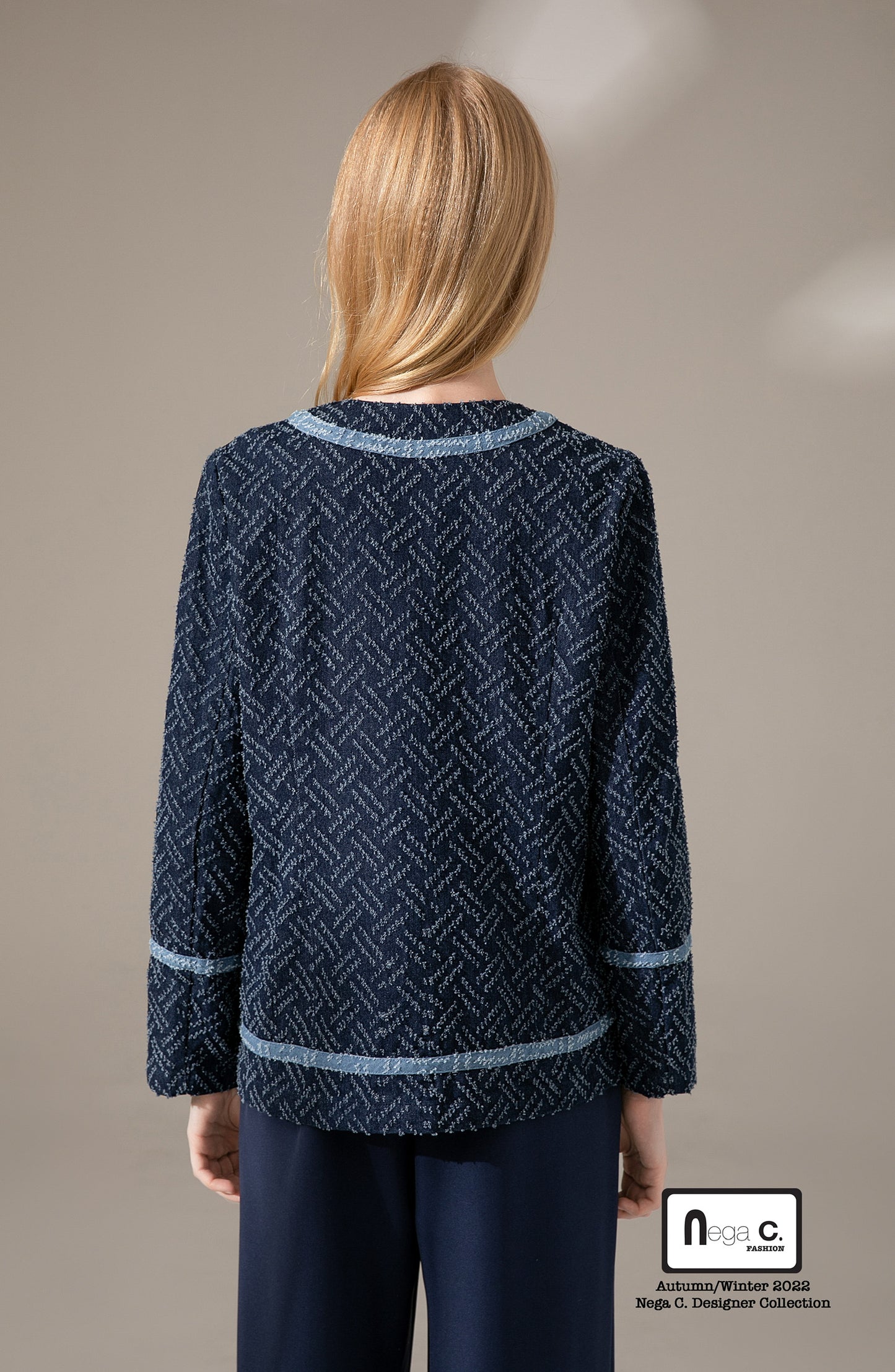 Nega C. V領暗紋牛仔外套|深藍色|無彈|無裡襯